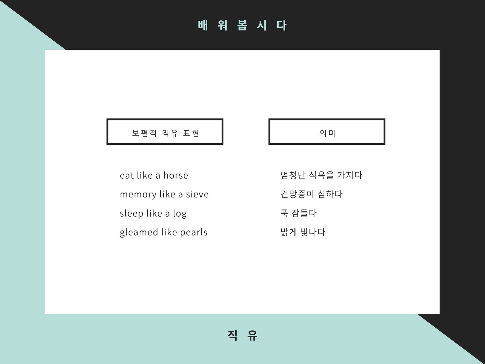 민트색 및 검은색 간소한 T 차트