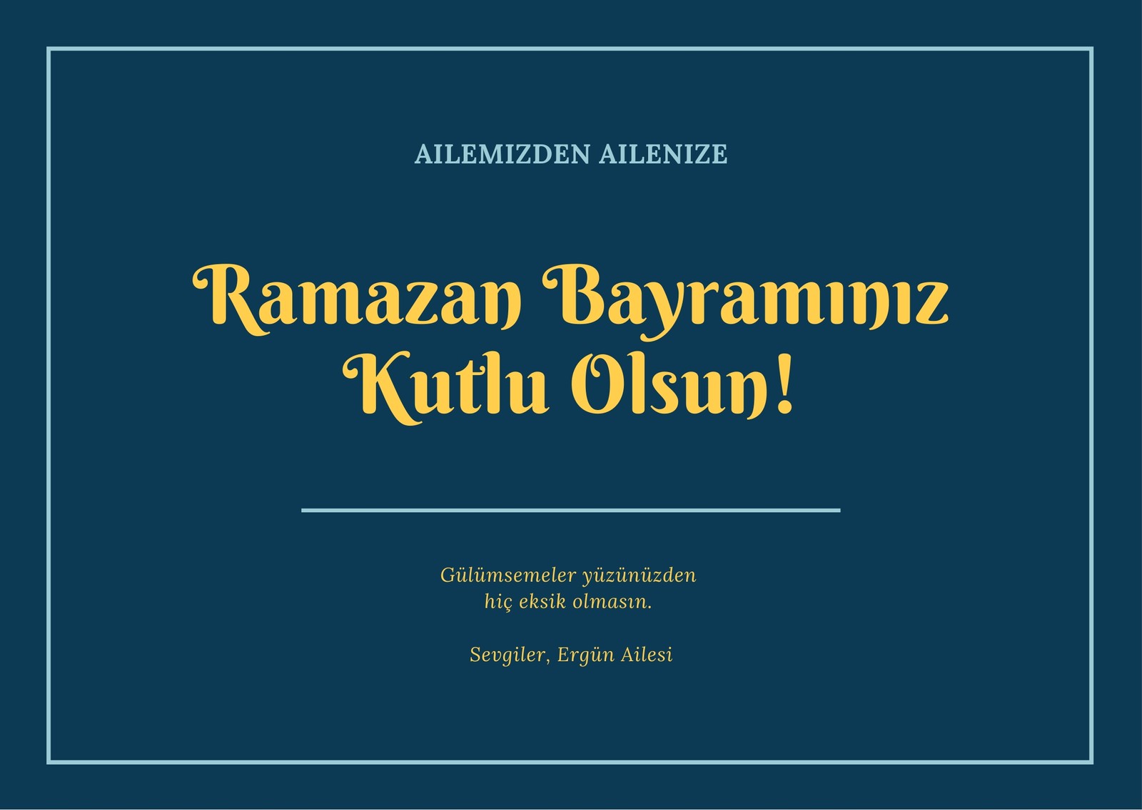 Deniz Mavisi ve Sarı Sade Kenarlı Ramazan Bayramı Kart Deniz Mavisi ve Sarı Sade Kenarlı Ramazan Bayramı Kart