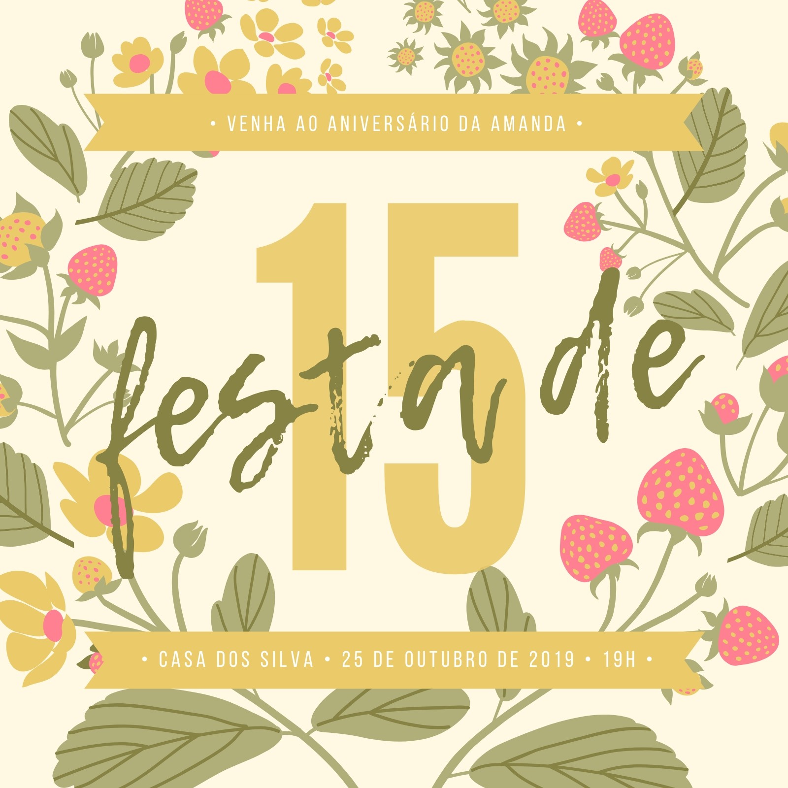Mostarda Floral Morangos Aniversário de 15 Anos Convite Mostarda Floral Morangos Aniversário de 15 Anos Convite
