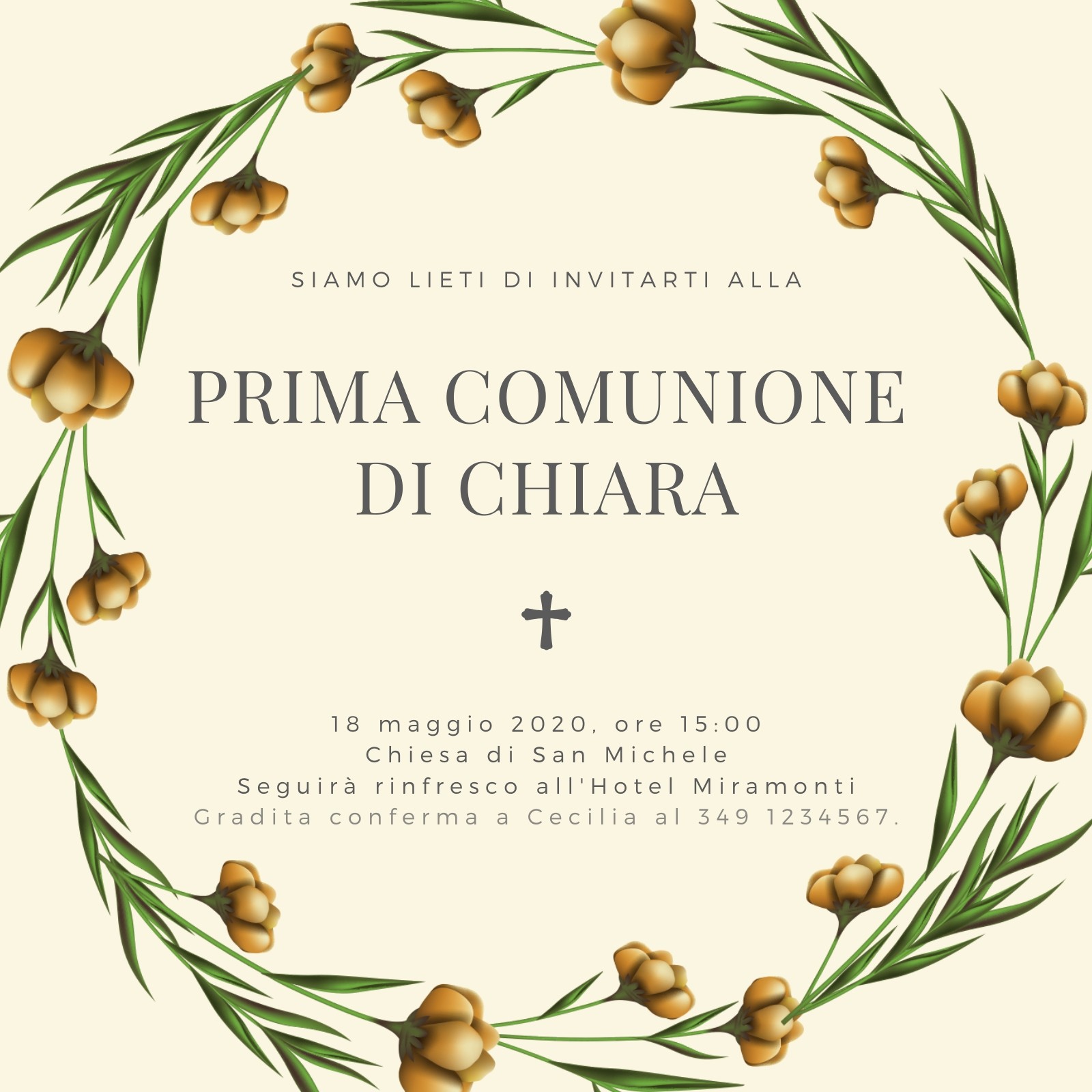 Crema Corona Floreale Prima Comunione per Ragazza Invito Crema Corona Floreale Prima Comunione per Ragazza Invito