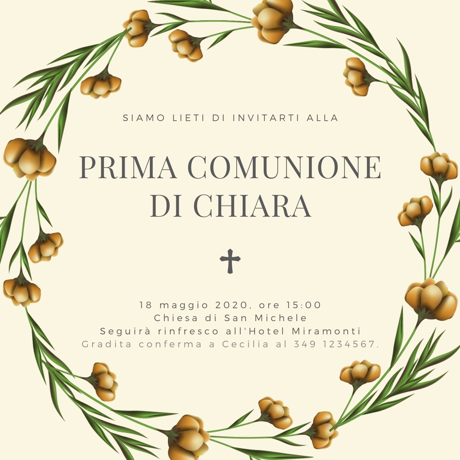 Crema Corona Floreale Prima Comunione per Ragazza Invito Crema Corona Floreale Prima Comunione per Ragazza Invito