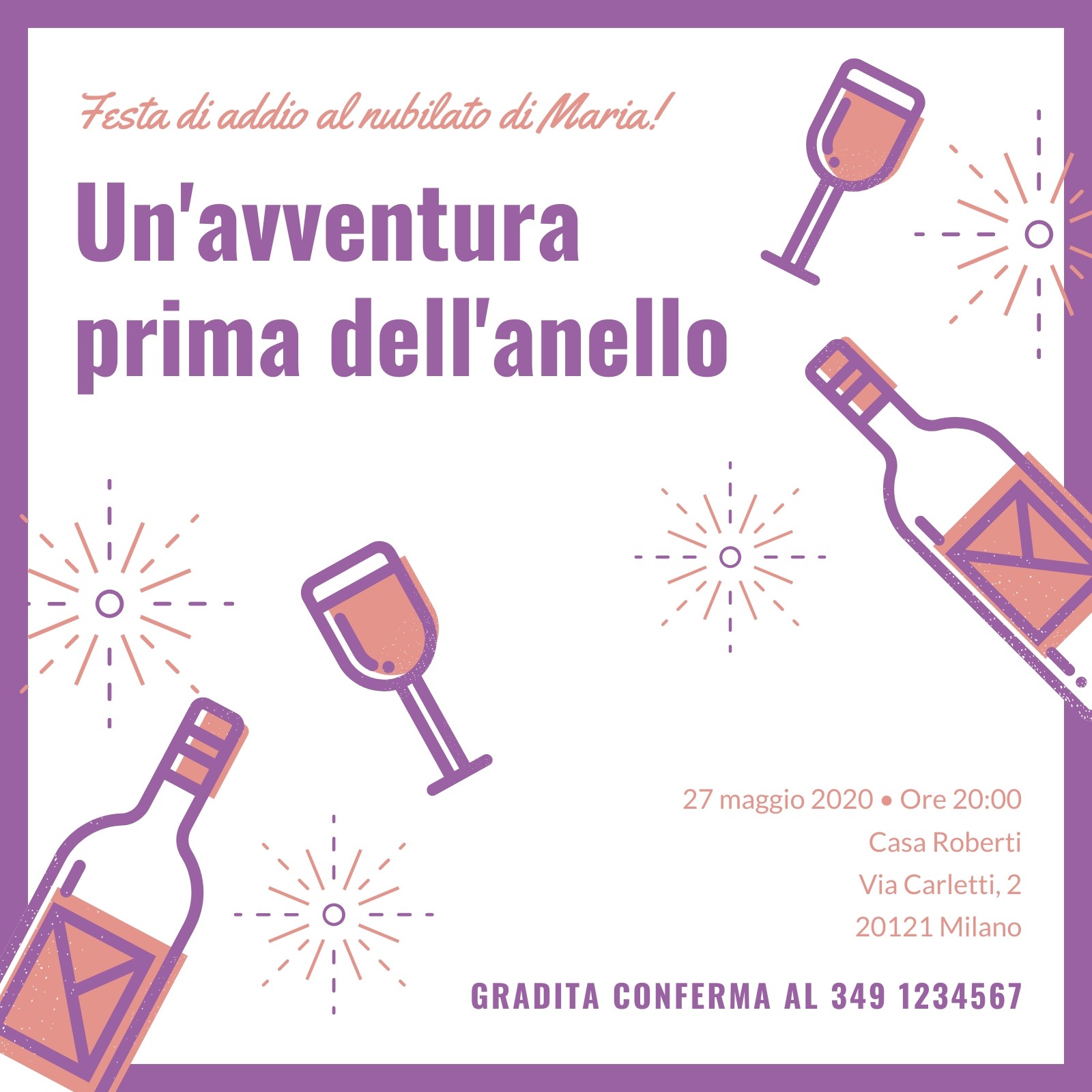 Invito Festa di Addio al Nubilato Rosa Lavanda Vino