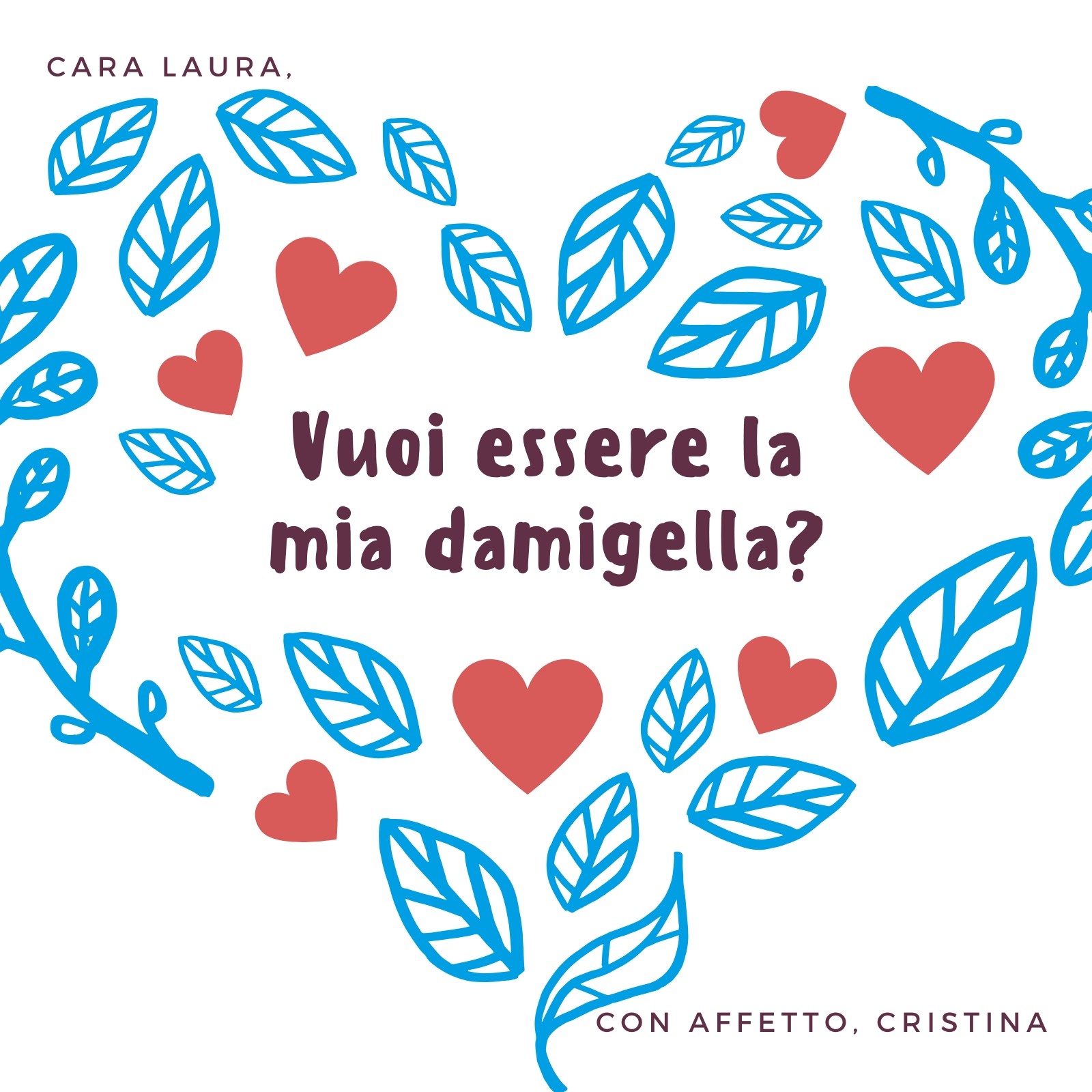 Collage di Cuori Foglie Vuoi essere la Mia Damigella - Invito Collage di Cuori Foglie Vuoi essere la Mia Damigella - Invito