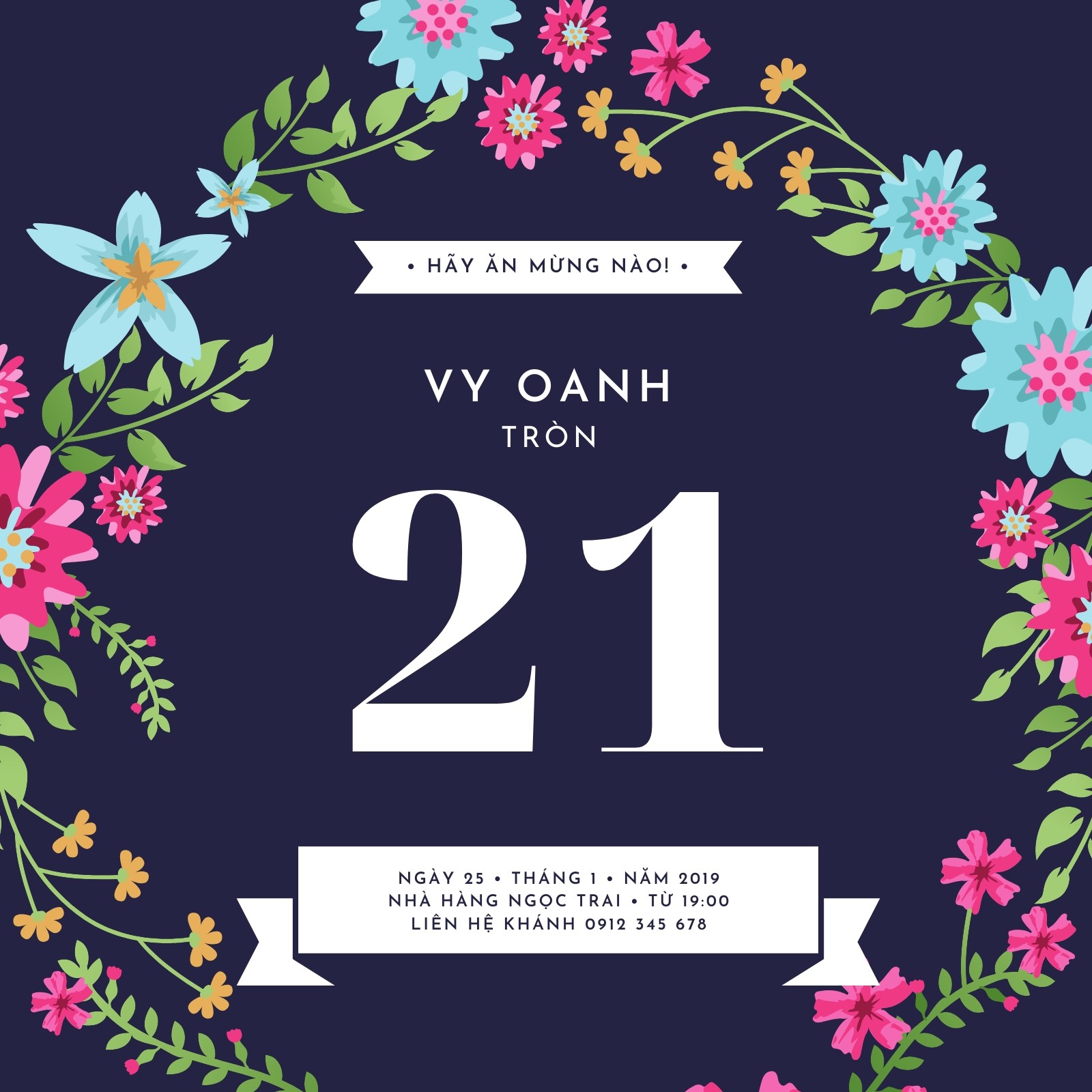 Xanh dương Hoa Vòng hoa 21 tuổi Sinh nhật Thiệp mời Xanh dương Hoa Vòng hoa 21 tuổi Sinh nhật Thiệp mời