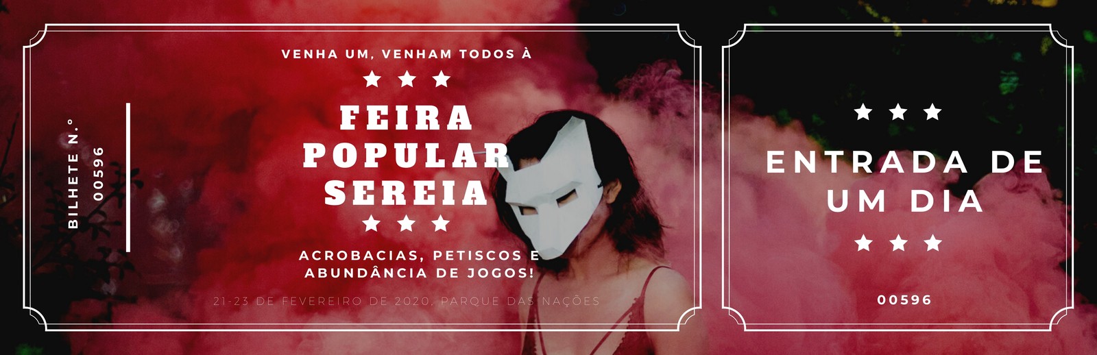 Bilhete a Vermelho e Preto de Mulher com Máscara para Feira Popular Bilhete a Vermelho e Preto de Mulher com Máscara para Feira Popular