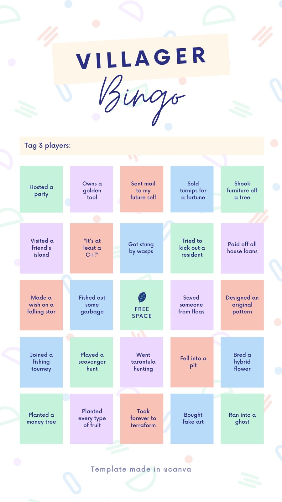 Colorful Villager Bingo Card Instagram Story