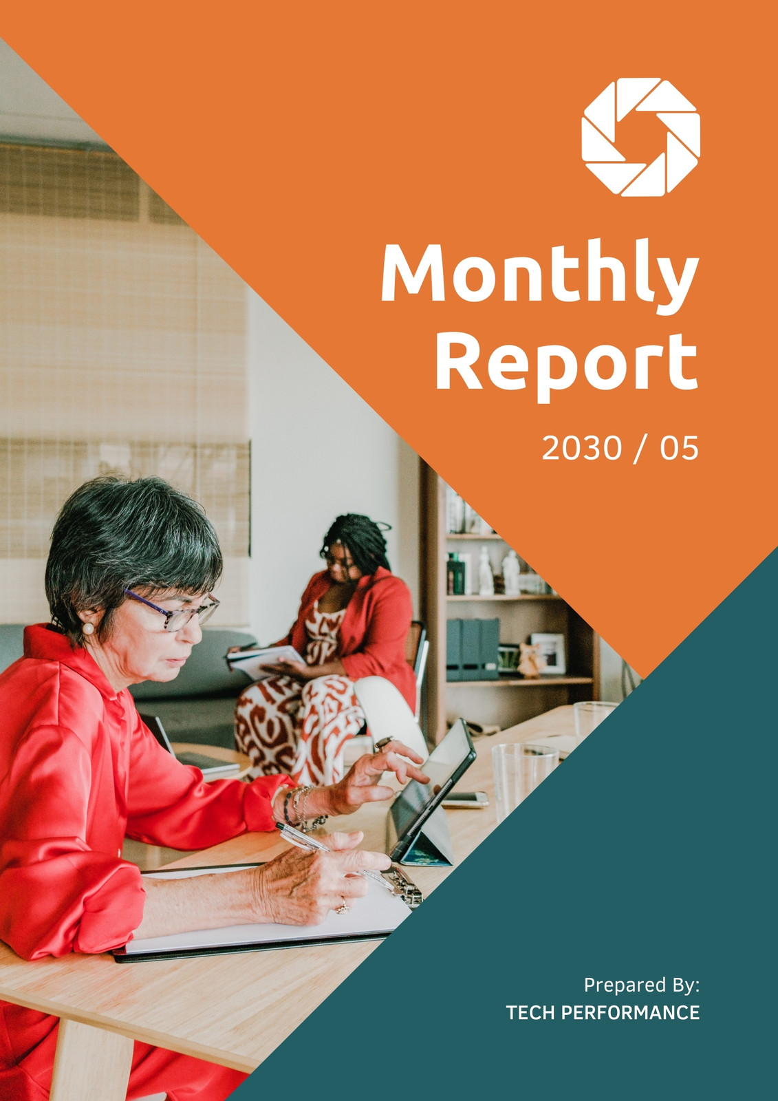 Corporate Monthly Report in Orange Dark Blue Corporate Geometric Style