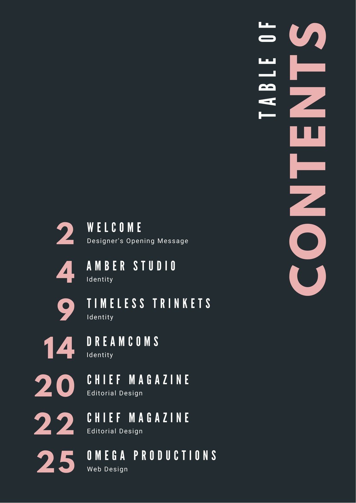 Pastel Pink Typography Portfolio General Table of Contents