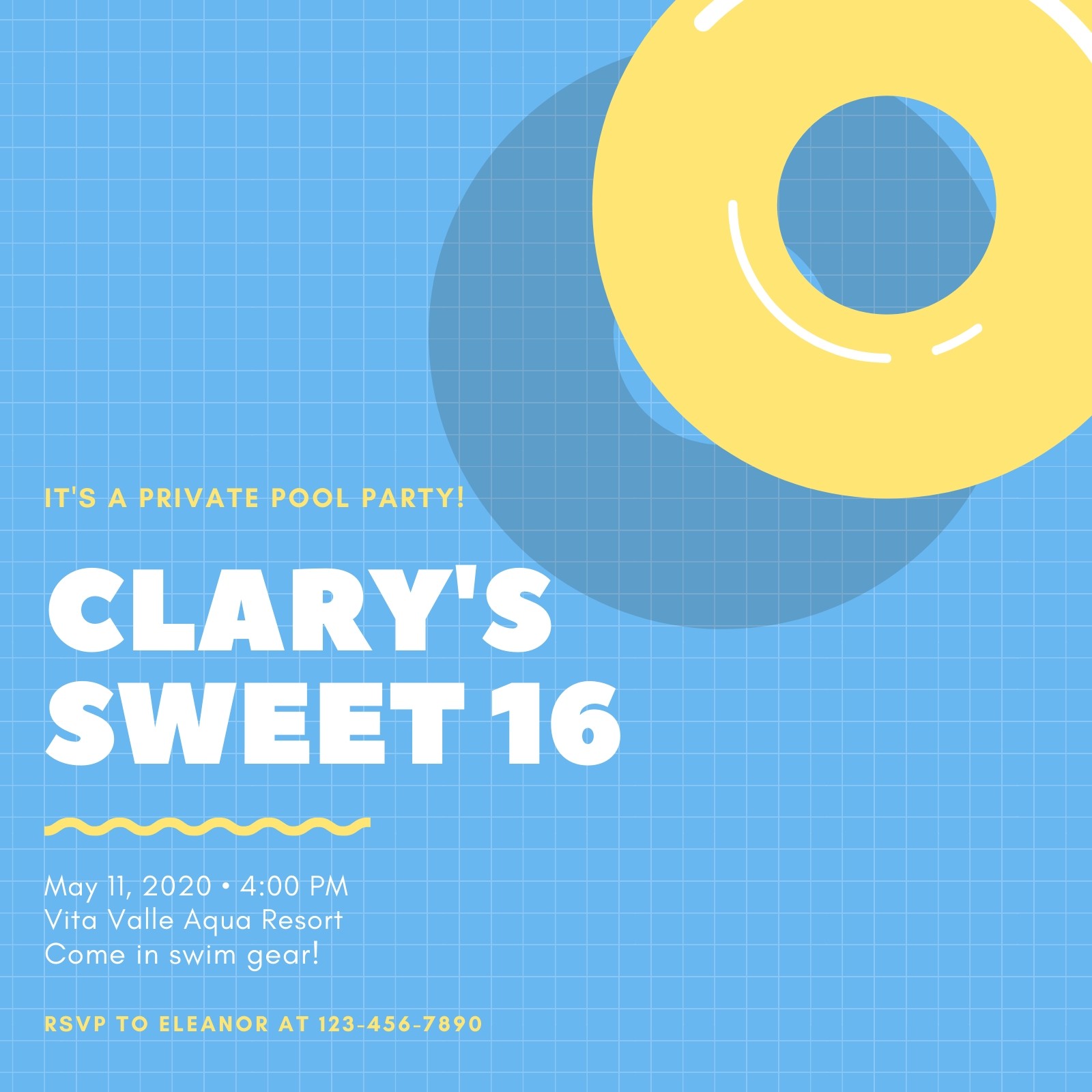 Blue and Yellow Pool Sweet 16 Invitation Blue and Yellow Pool Sweet 16 Invitation