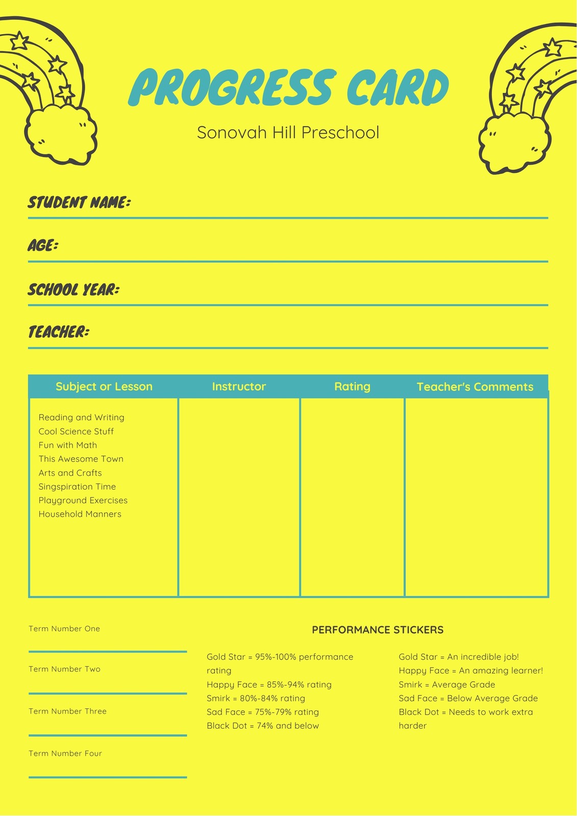 Yellow and Teal Rainbow Preschool Report Card Yellow and Teal Rainbow Preschool Report Card