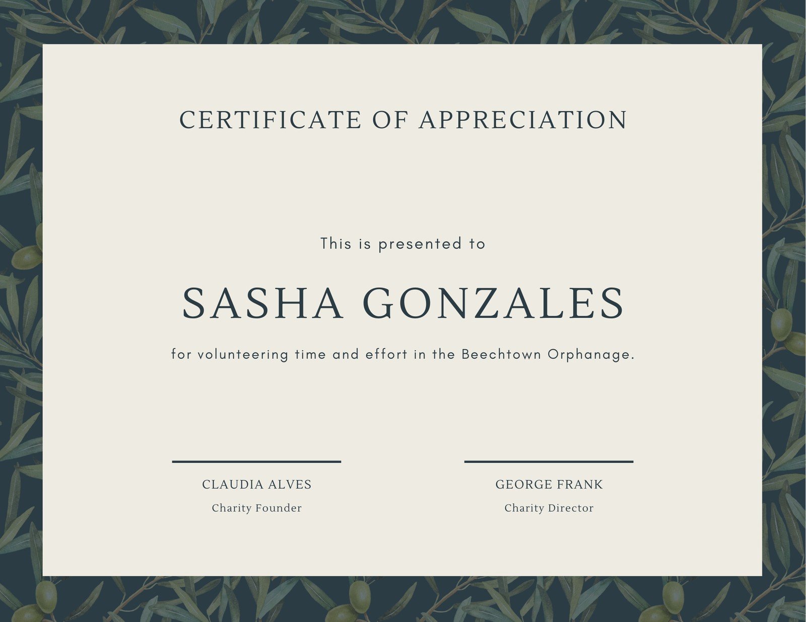 Green Olive Tree Leaves Volunteer Appreciation Certificate