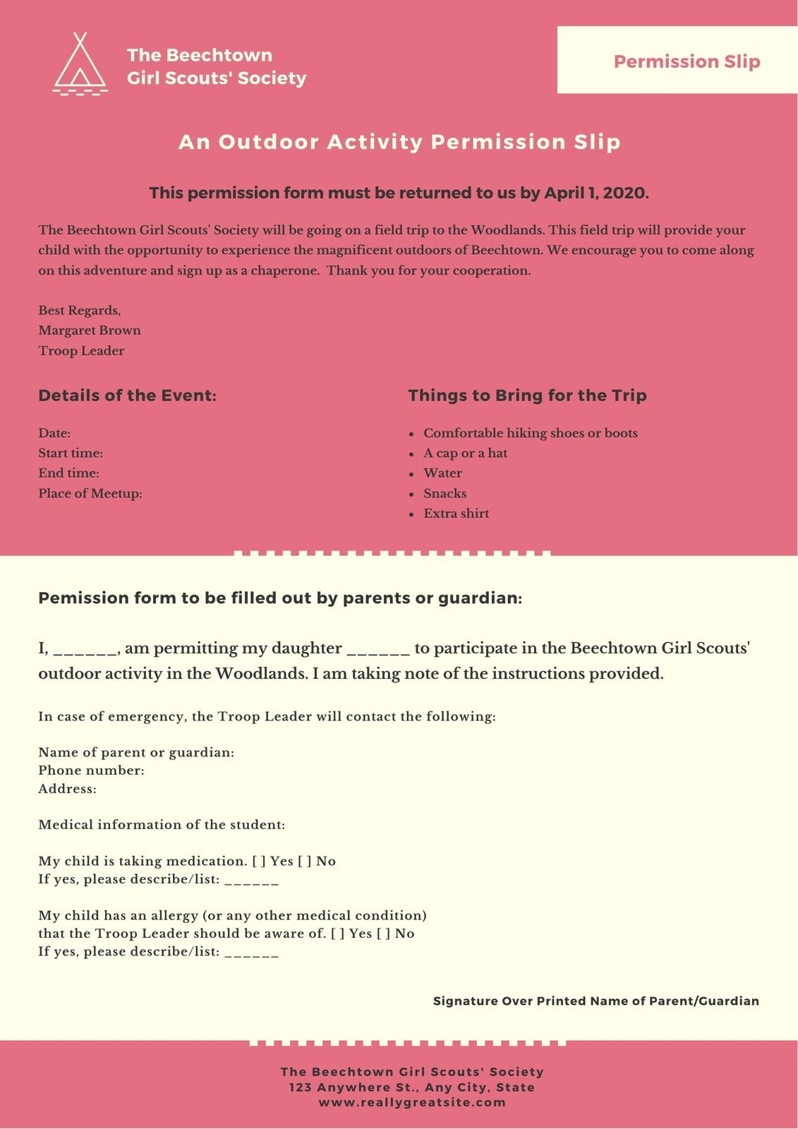 Pink and Cream Girl Scouts / Boy Scouts Permission Slip Pink and Cream Girl Scouts / Boy Scouts Permission Slip
