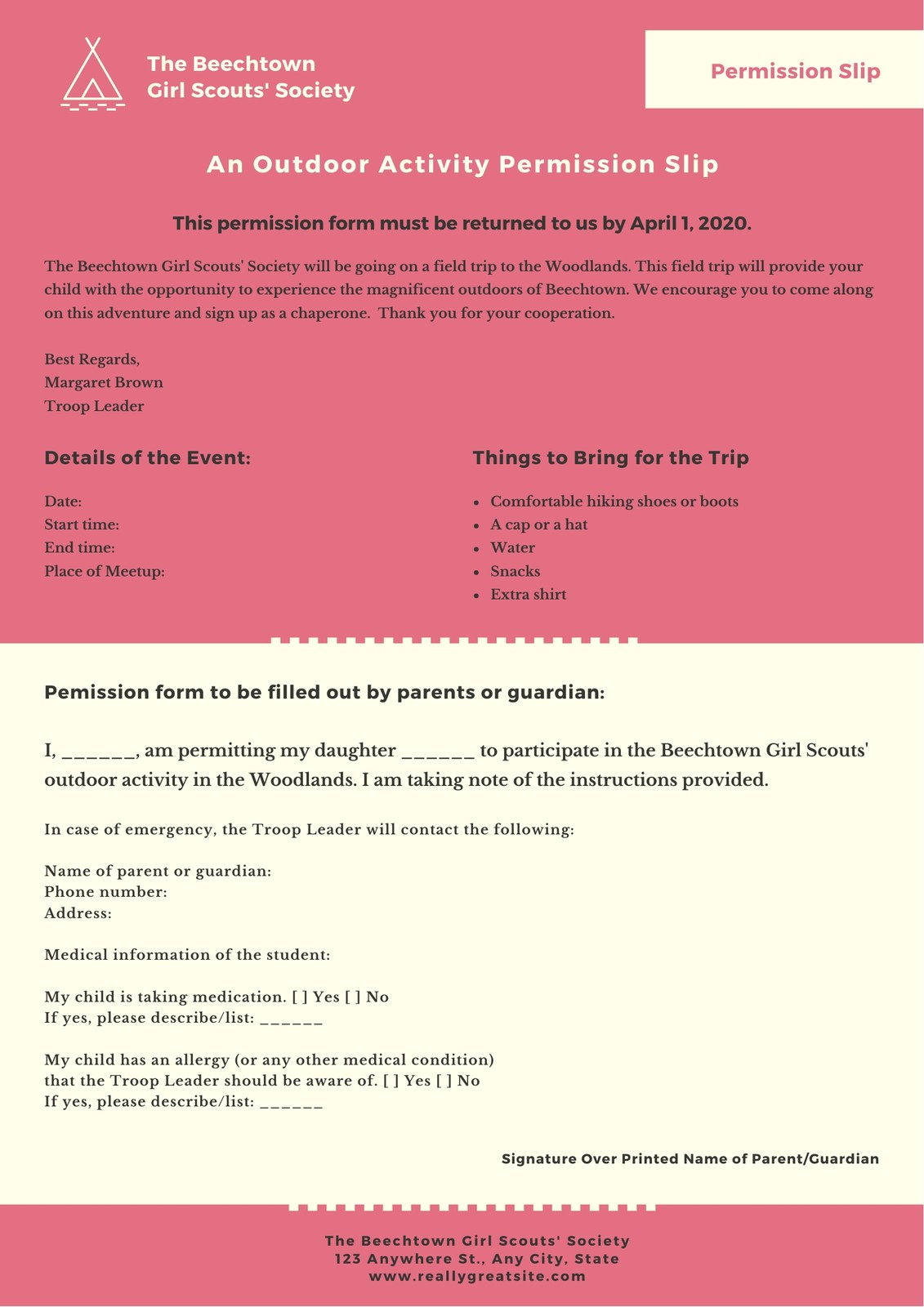 Pink and Cream Girl Scouts / Boy Scouts Permission Slip Pink and Cream Girl Scouts / Boy Scouts Permission Slip