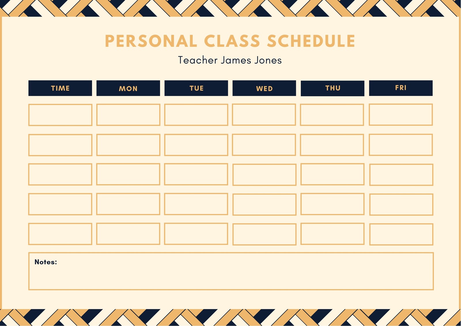 Yellow and Dark Blue Geometric Pattern Teacher Class Schedule - Templates  by Canva
