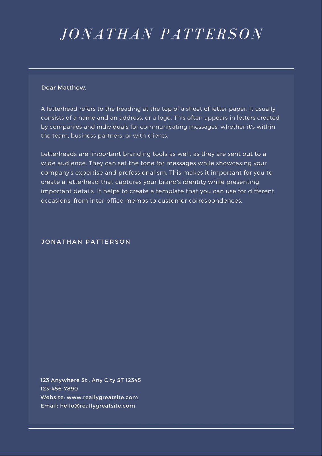 Dark Blue and White Personal Letterhead Dark Blue and White Personal Letterhead