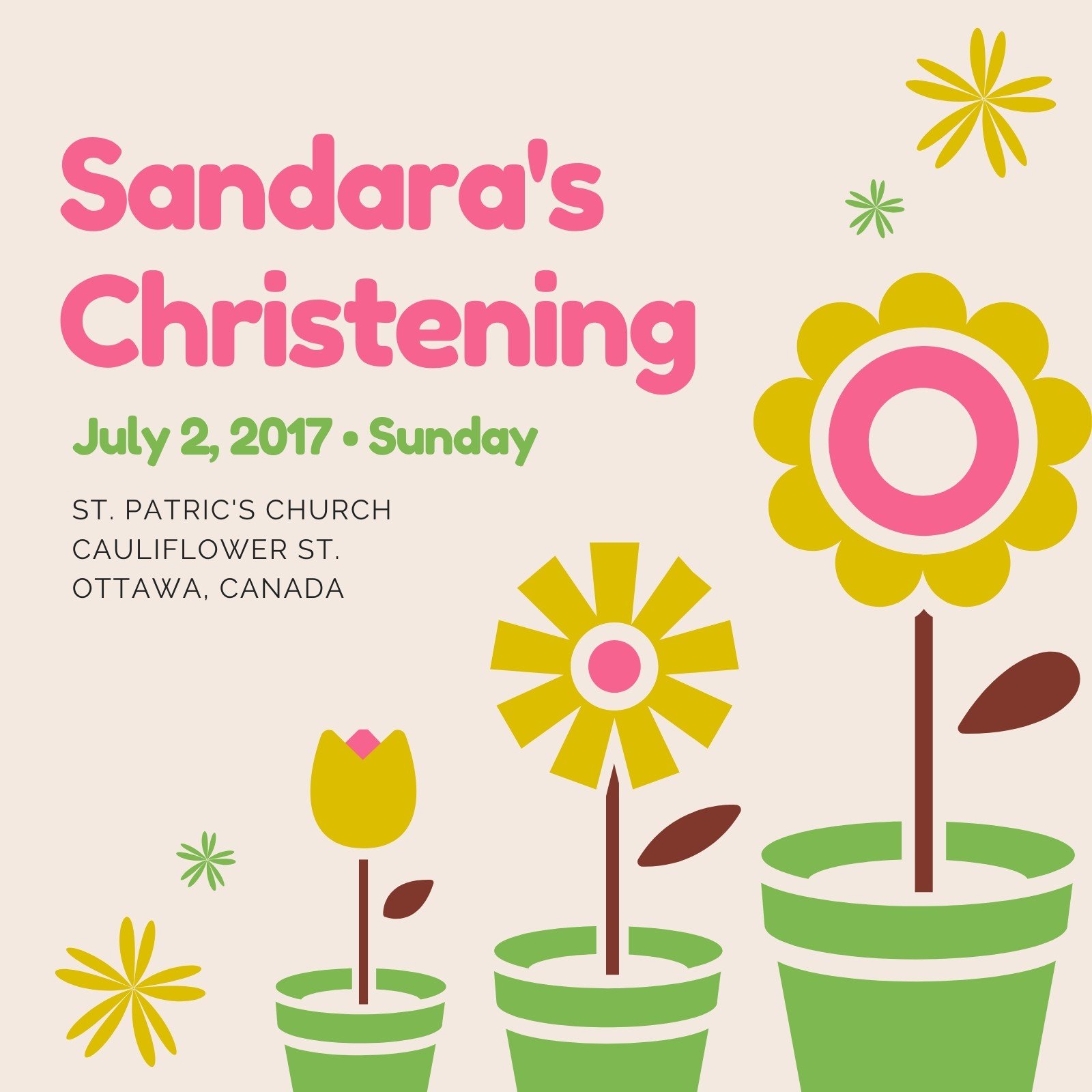 Beige Potted Plants Christening Invitation