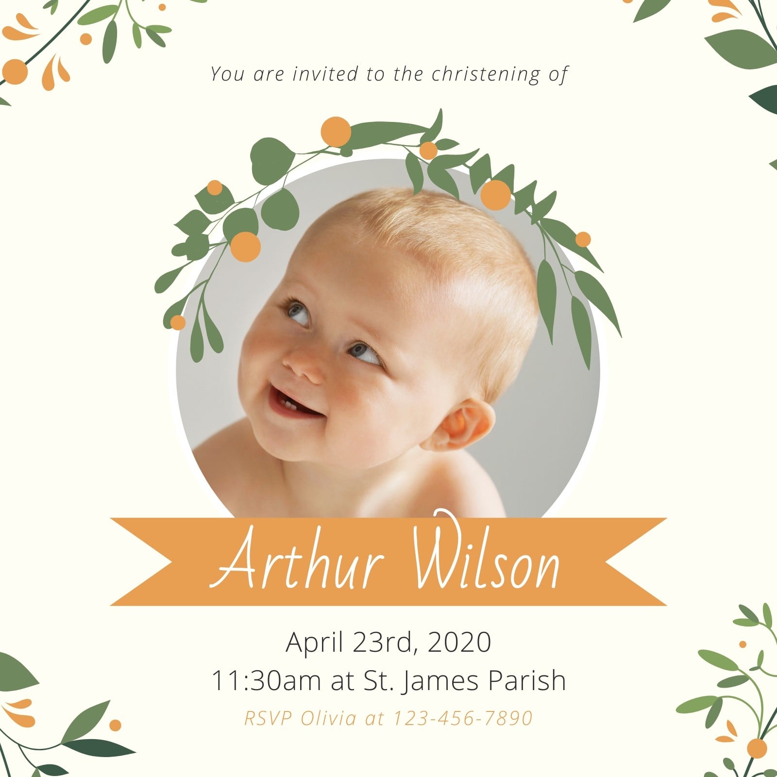 Green Orange Leaves Christening Invitation Green Orange Leaves Christening Invitation