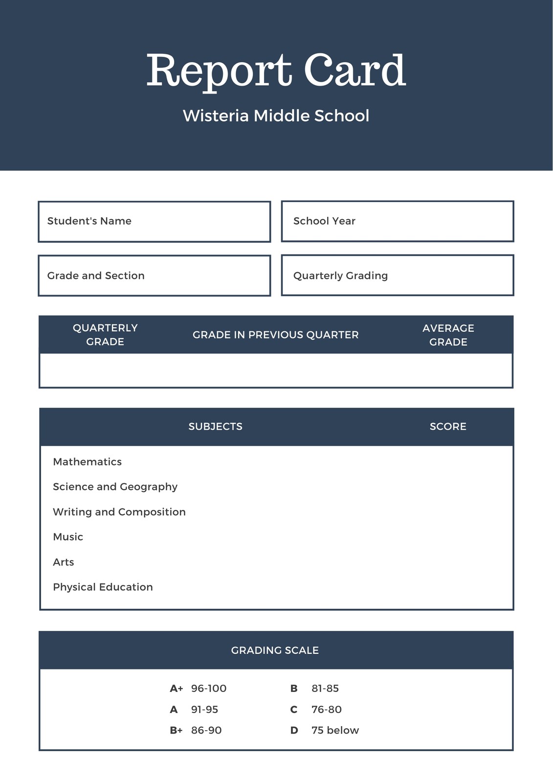 Free printable middle school report card templates | Canva