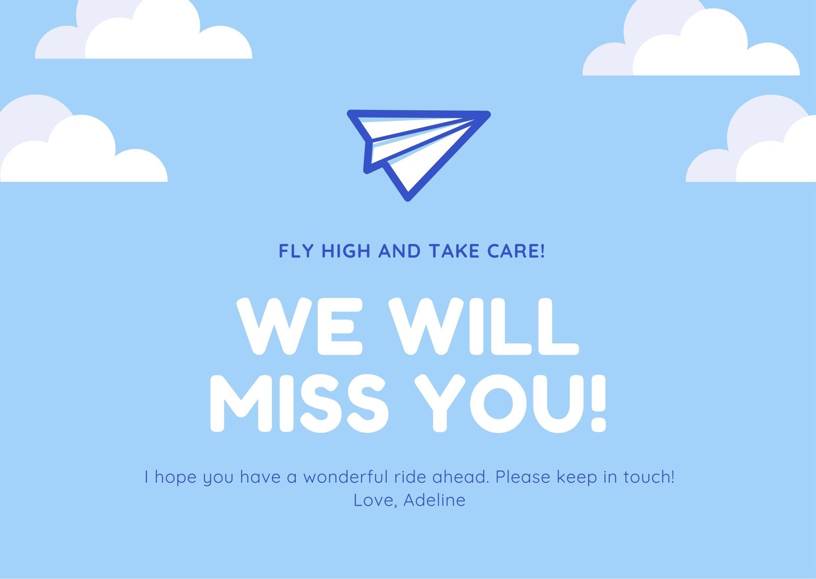 Sky Blue Clouds and Paper Plane Farewell Card