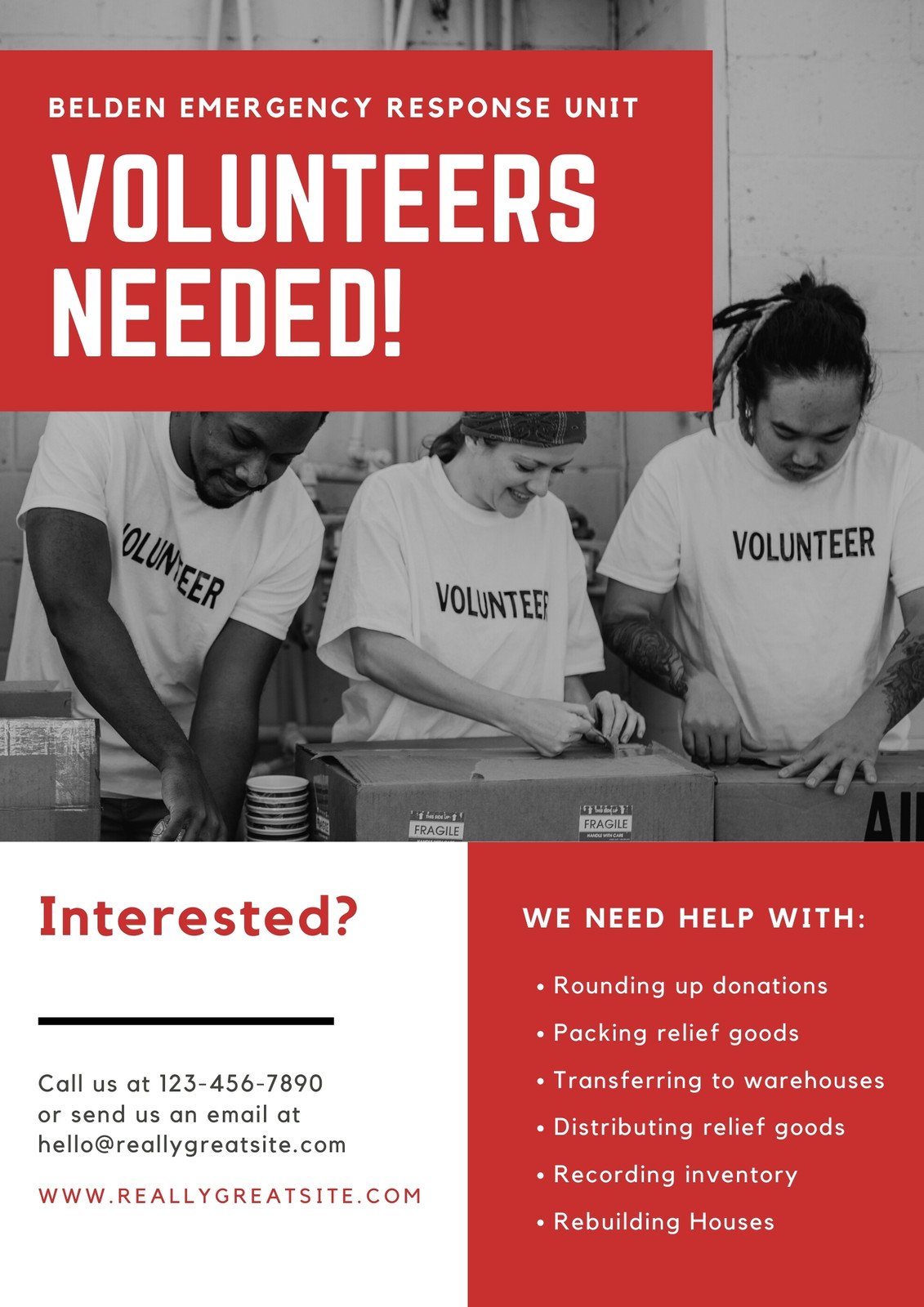 Red and White Monochrome Photo Volunteer Emergency Response Poster