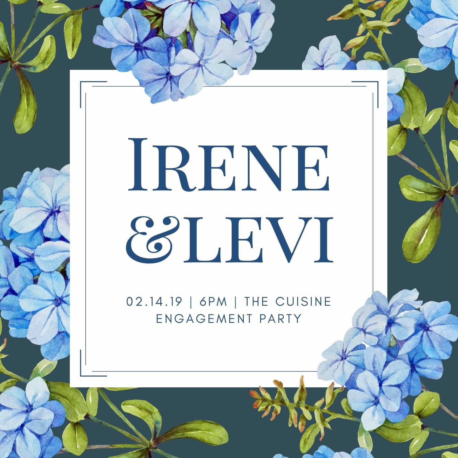 Dark Teal with Watercolor Hydrangea Flower Engagement Invitation