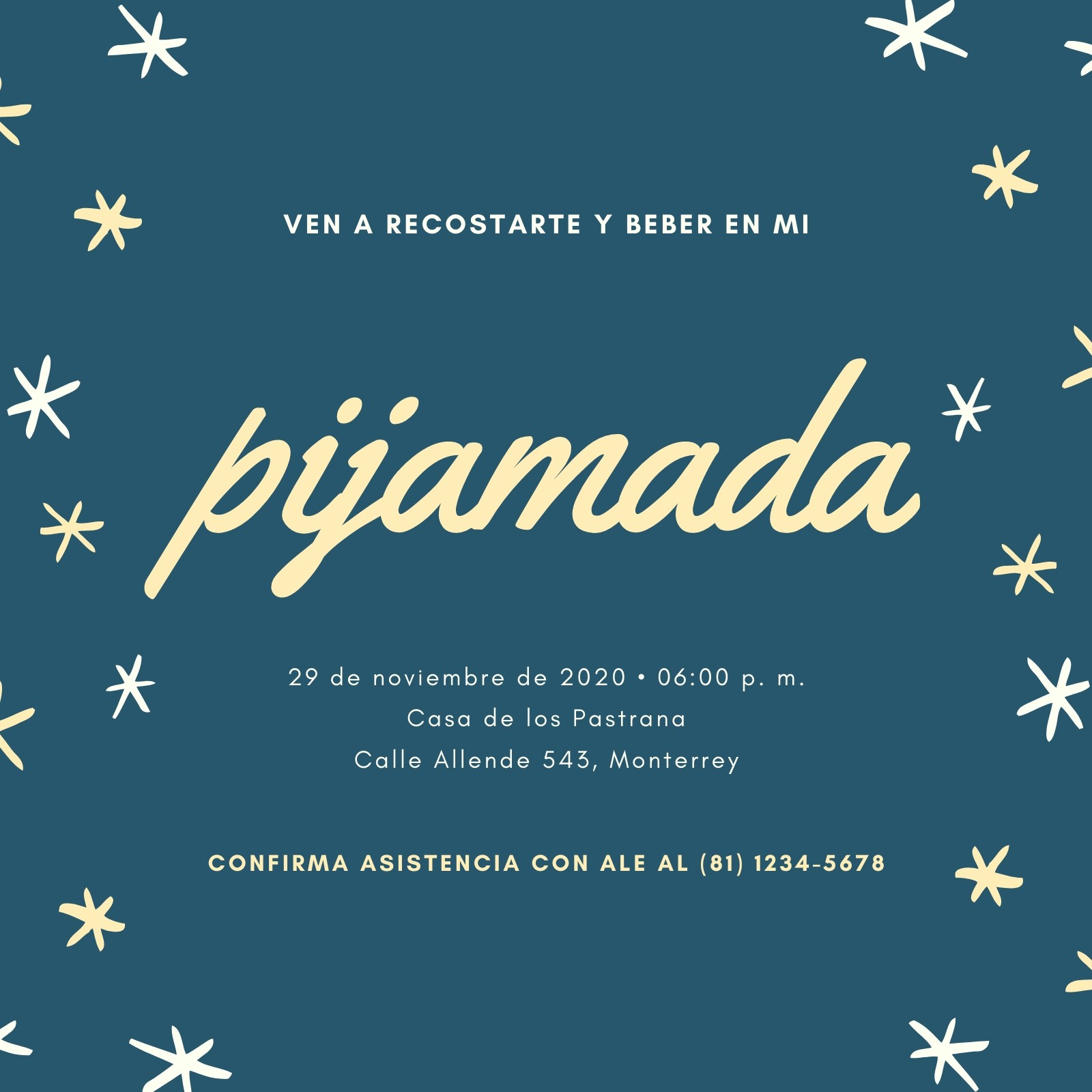 Azul Amarillo Destellos Piyamada Invitación