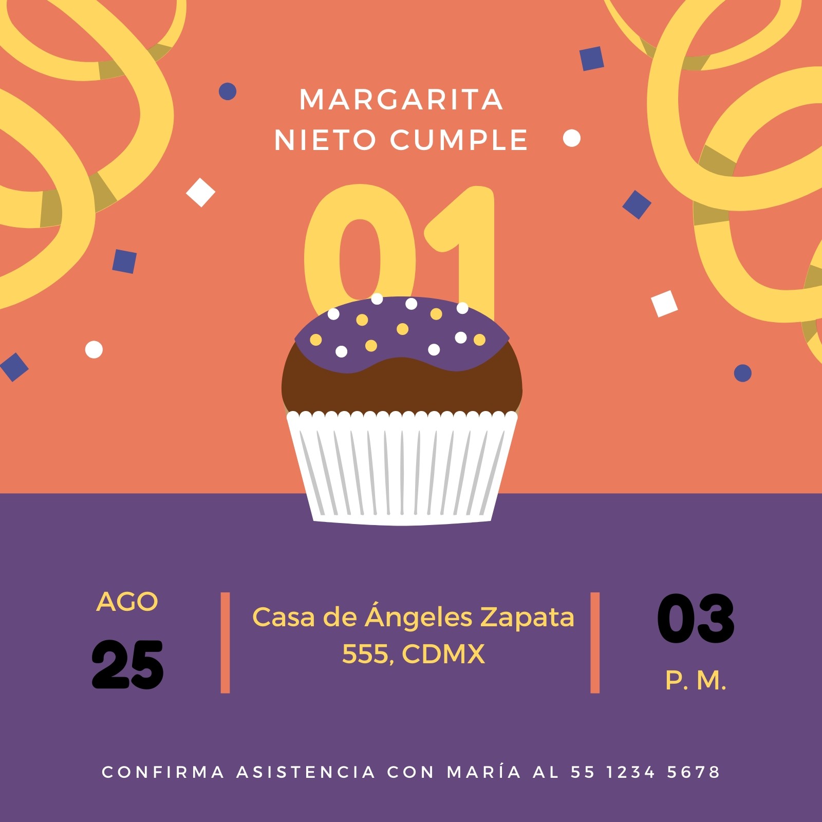 Púrpura Naranja Cupcake Bonito Primer Cumpleaños Invitación
