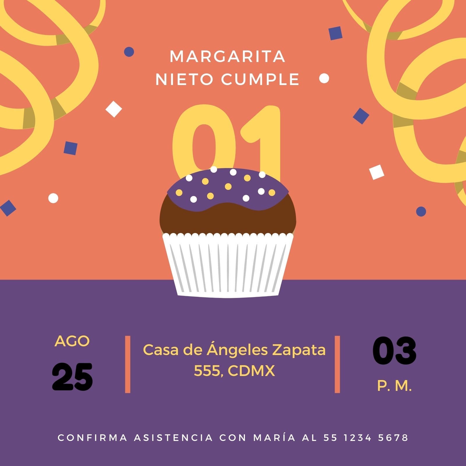 Púrpura Naranja Cupcake Bonito Primer Cumpleaños Invitación Púrpura Naranja Cupcake Bonito Primer Cumpleaños Invitación