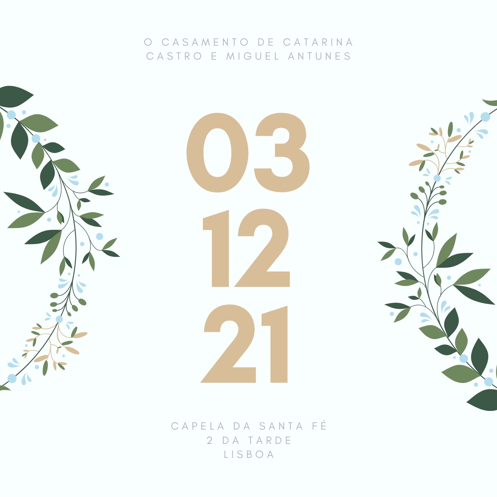 Convite a Azul e Dourado com Grinalda para Casamento no Inverno Convite a Azul e Dourado com Grinalda para Casamento no Inverno