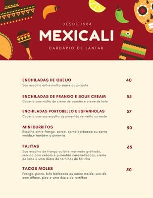 Cardápio de comida mexicana