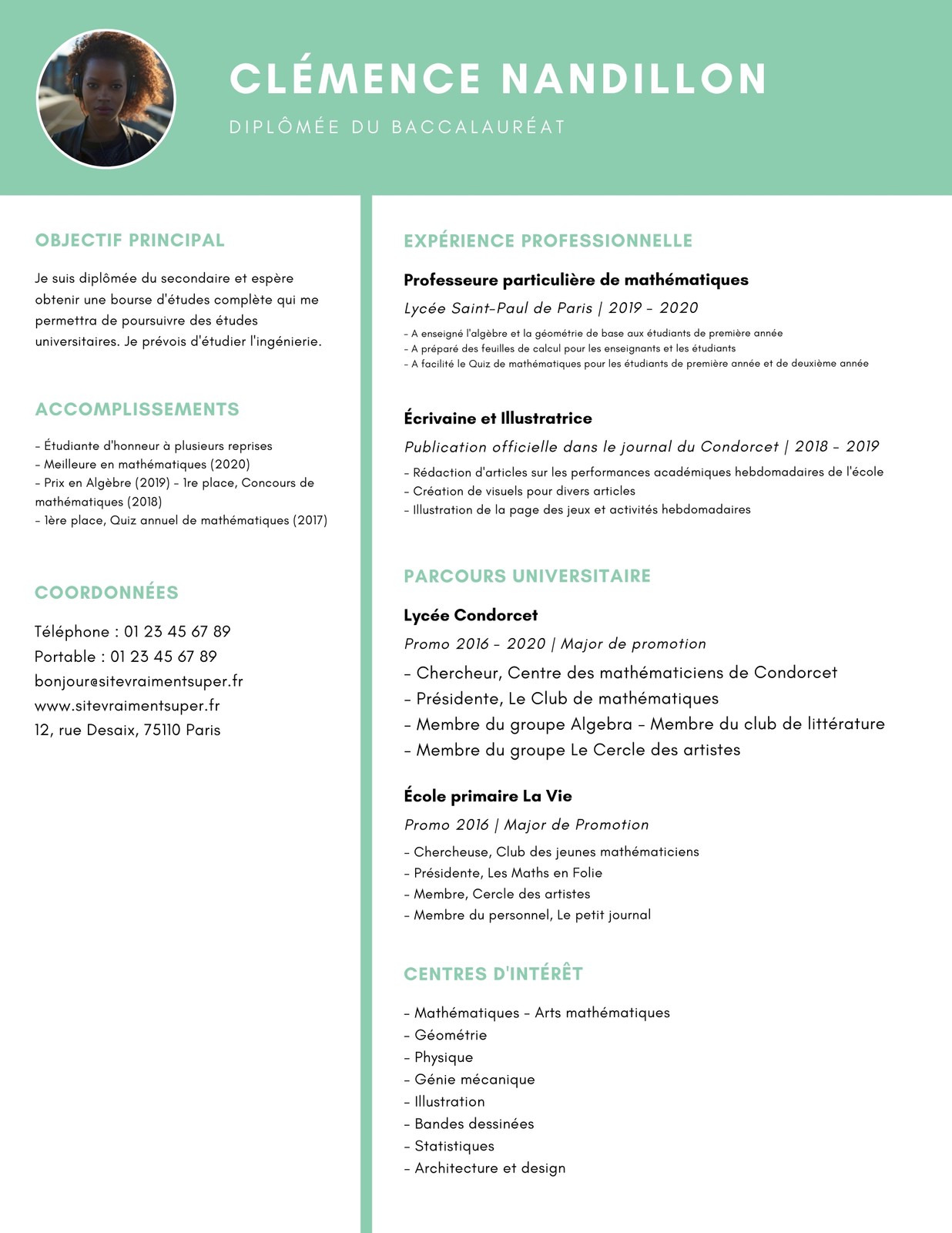 CV professeur particulier jeune diplômée vert turquoise avec photo CV professeur particulier jeune diplômée vert turquoise avec photo