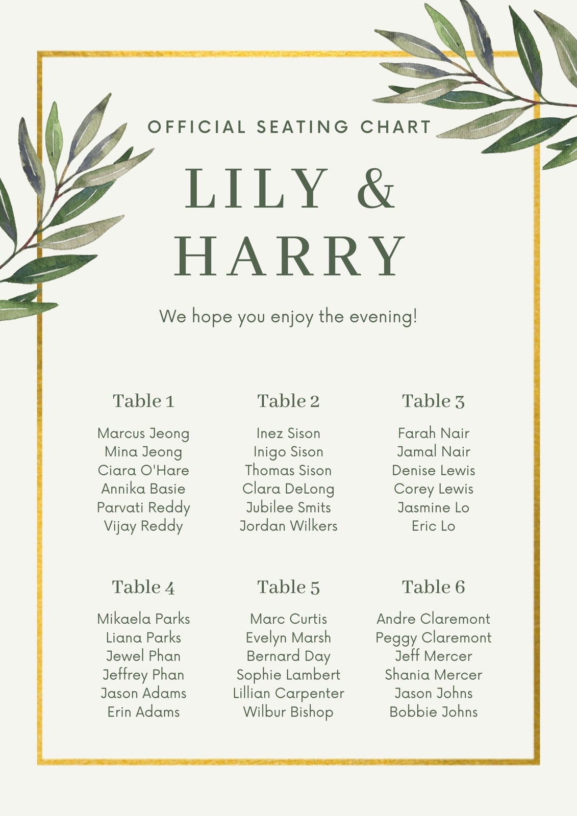 Gold and Green Bordered Geometric Floral Wedding Seating Chart Gold and Green Bordered Geometric Floral Wedding Seating Chart