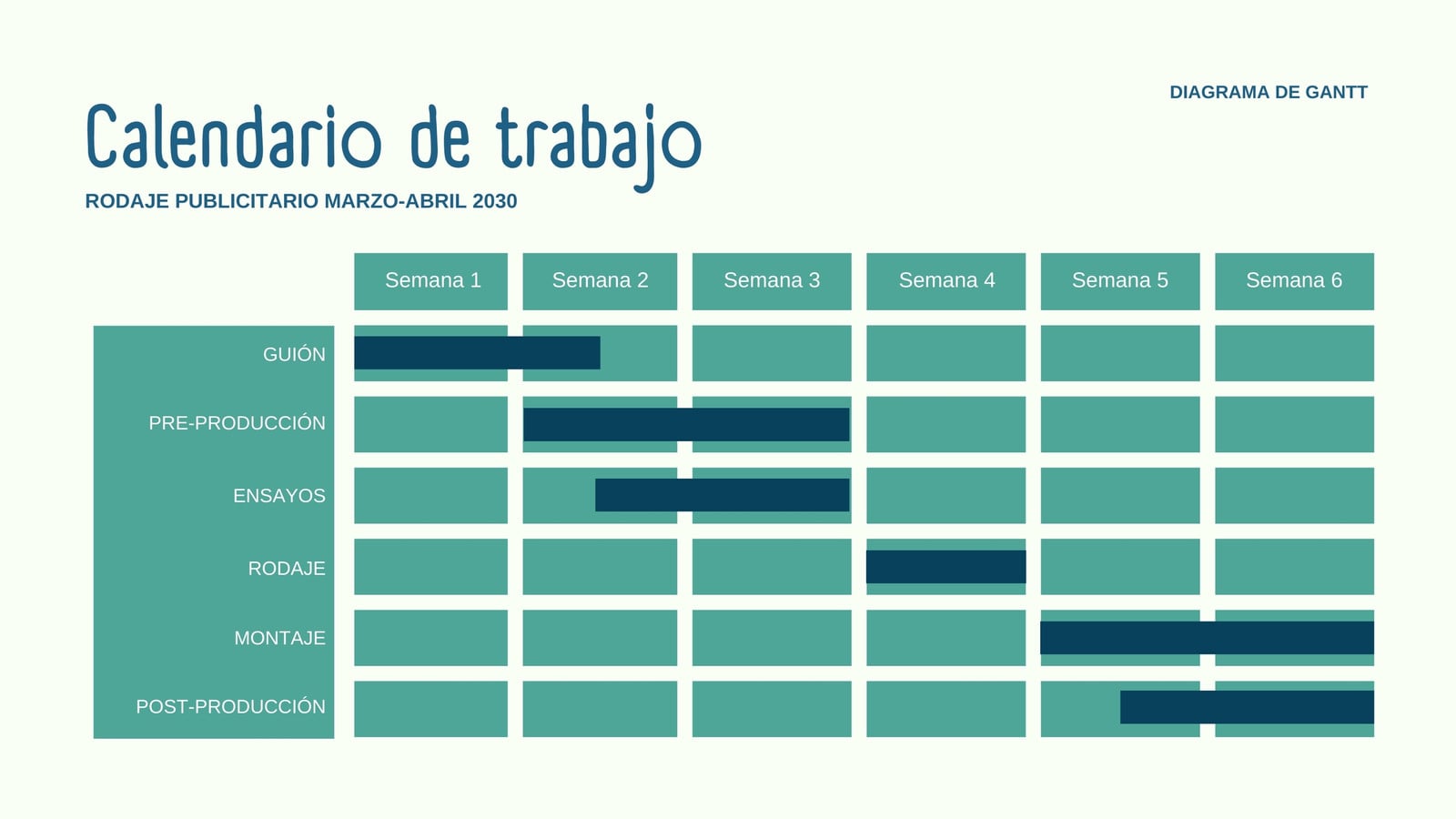 Diagrama de Gantt Calendario de trabajo Sencillo Azul, blanco y verde
