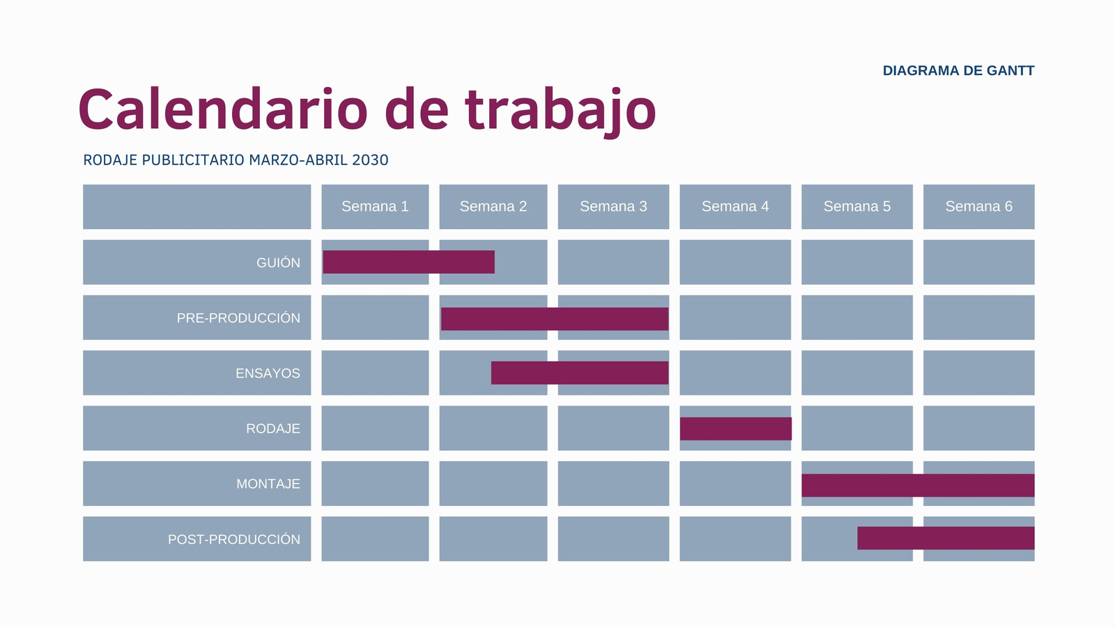 Diagrama de Gantt Calendario de trabajo Moderno Azul y blanco