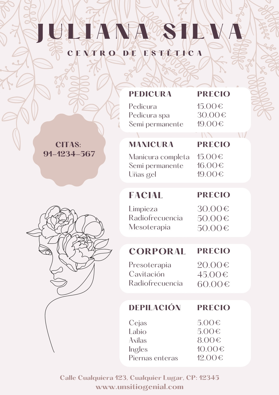Flyer centro de estética y belleza lista de Preciosa femenino colores pastel