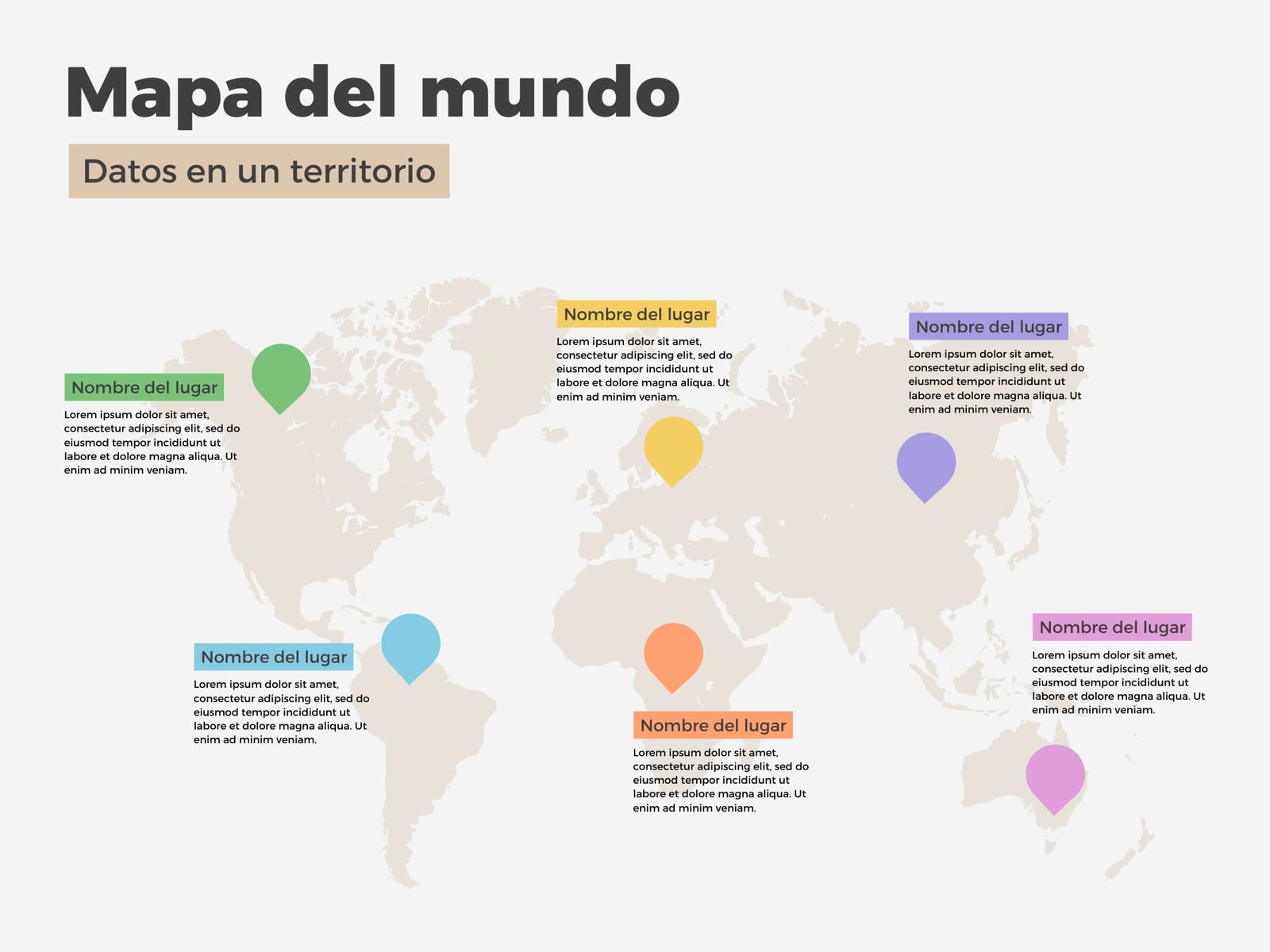 Gráfico de Mapa del mundo con puntos o marcas de localización de lugar e información multicolor