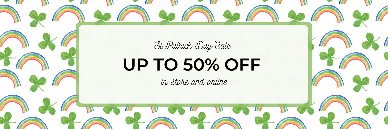 Colorful Watercolor Clover and Rainbow Seamless Pattern St. Patrick Day Sale Twitter Banner