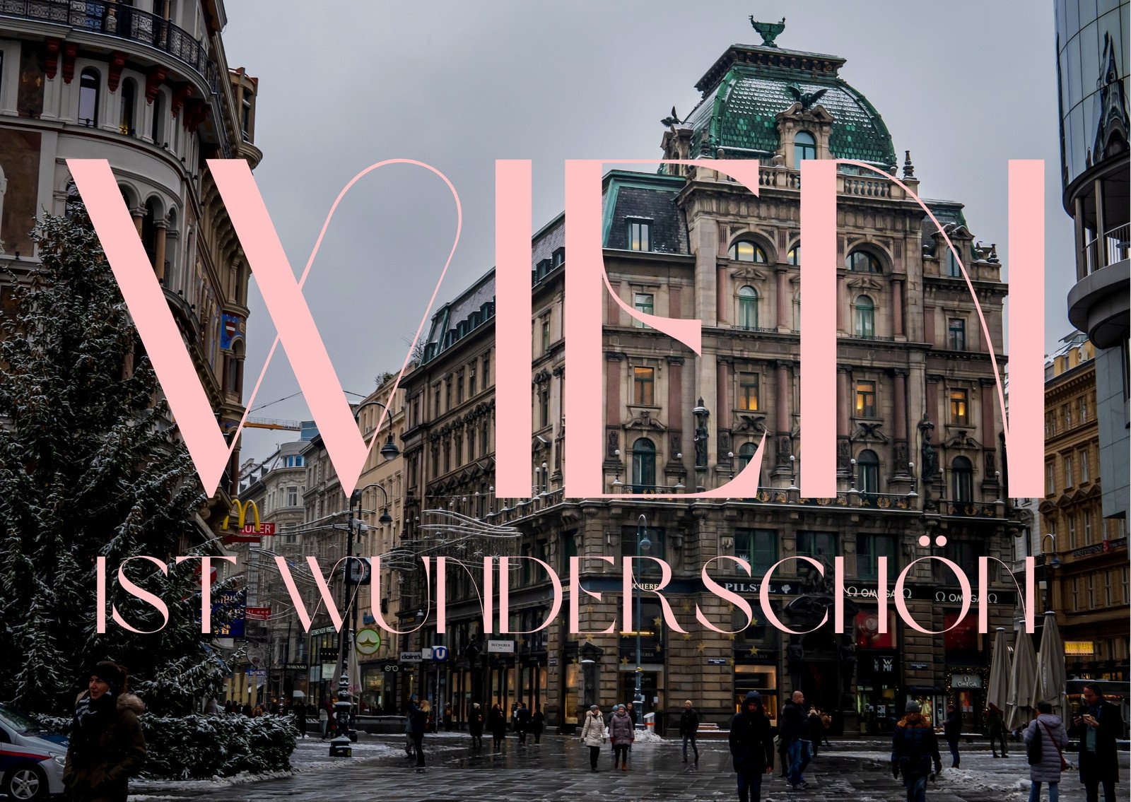 Rosa-graue Postkarte mit Foto Reisen Wien ist wunderschön