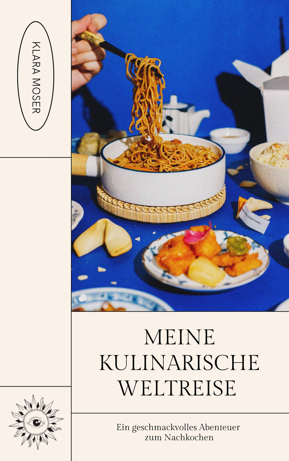 Blau-beiges Buchcover mit Foto Kochbuch Meine kulinarische Weltreise Blau-beiges Buchcover mit Foto Kochbuch Meine kulinarische Weltreise