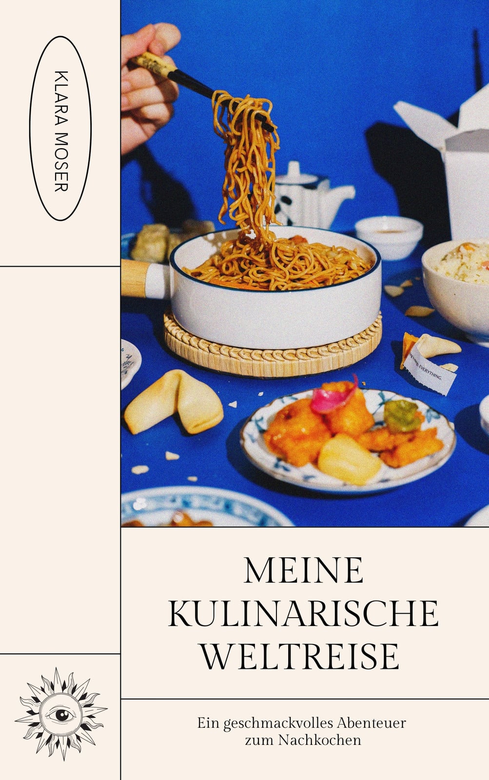 Blau-beiges Buchcover mit Foto Kochbuch Meine kulinarische Weltreise Blau-beiges Buchcover mit Foto Kochbuch Meine kulinarische Weltreise