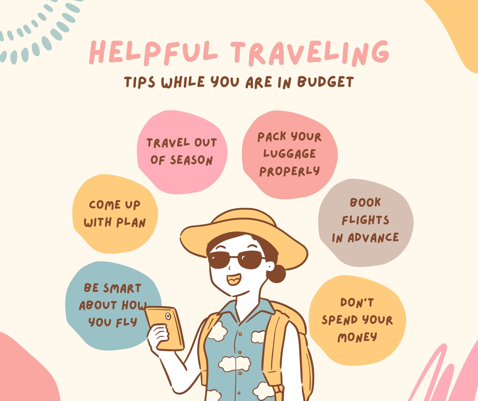 Colorful Helpful Traveling Tips While You Are On Budget Illustration With Abstract - Facebook Post
