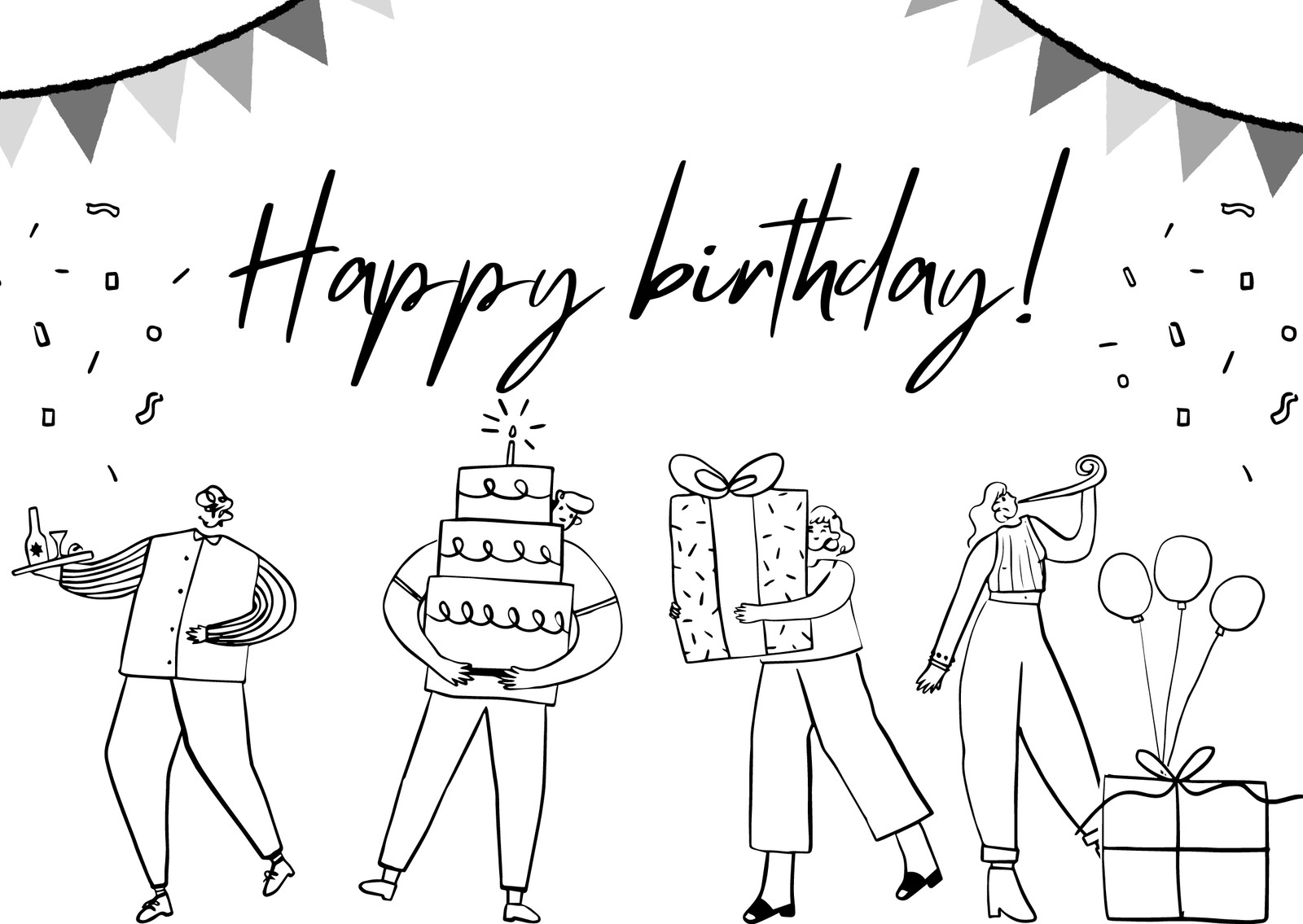 Black and White Hand drawn Happy Birthday Greeting Card