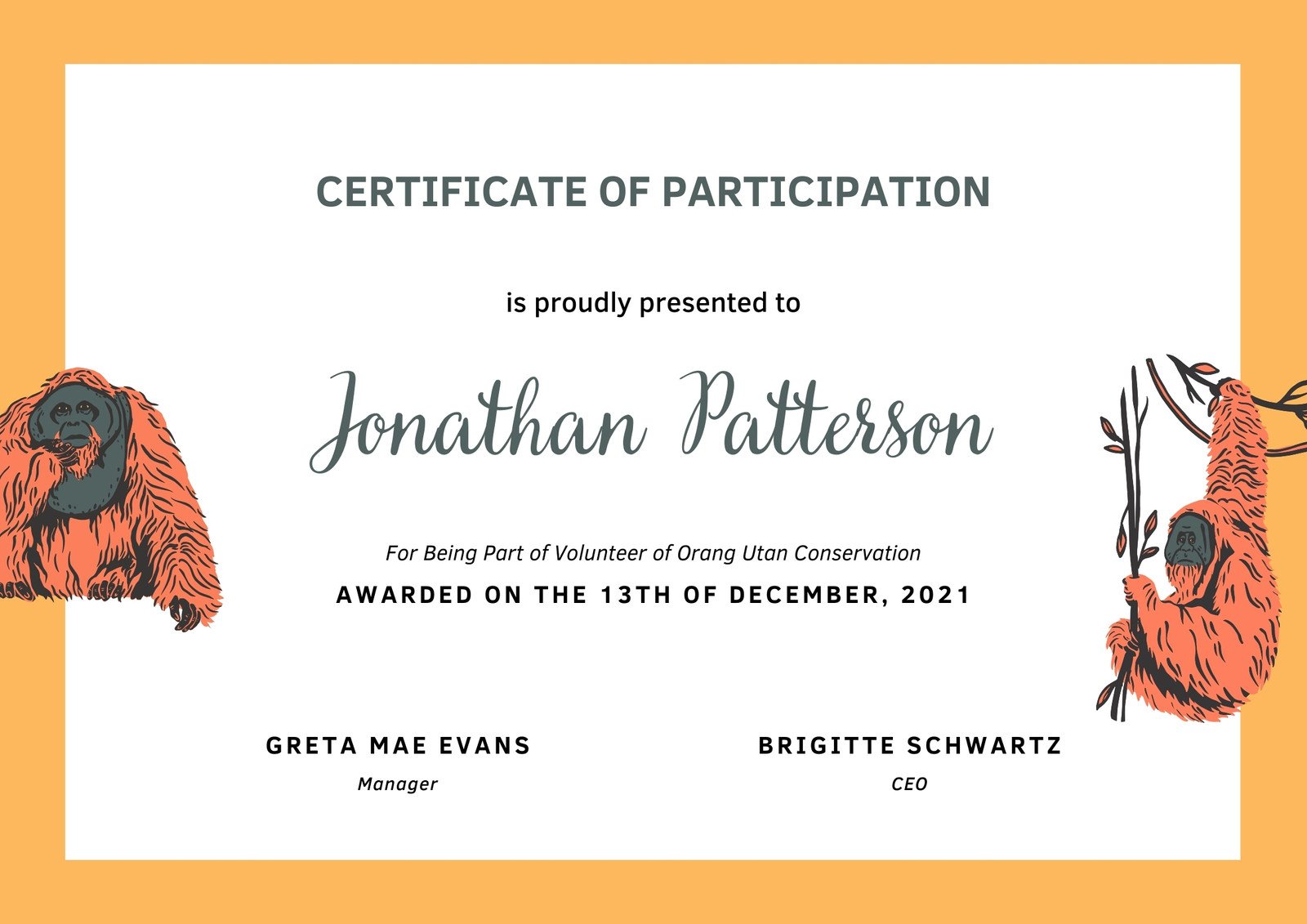 Yellow Playful Illustrative Orang Utan Conservation Participation Certificate
