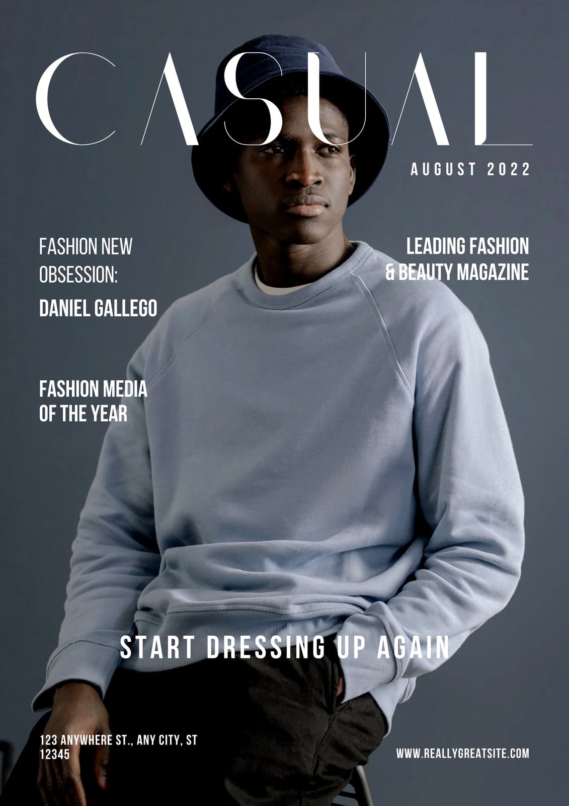 Blue and White Minimal Casual Fashion Megazine Cover