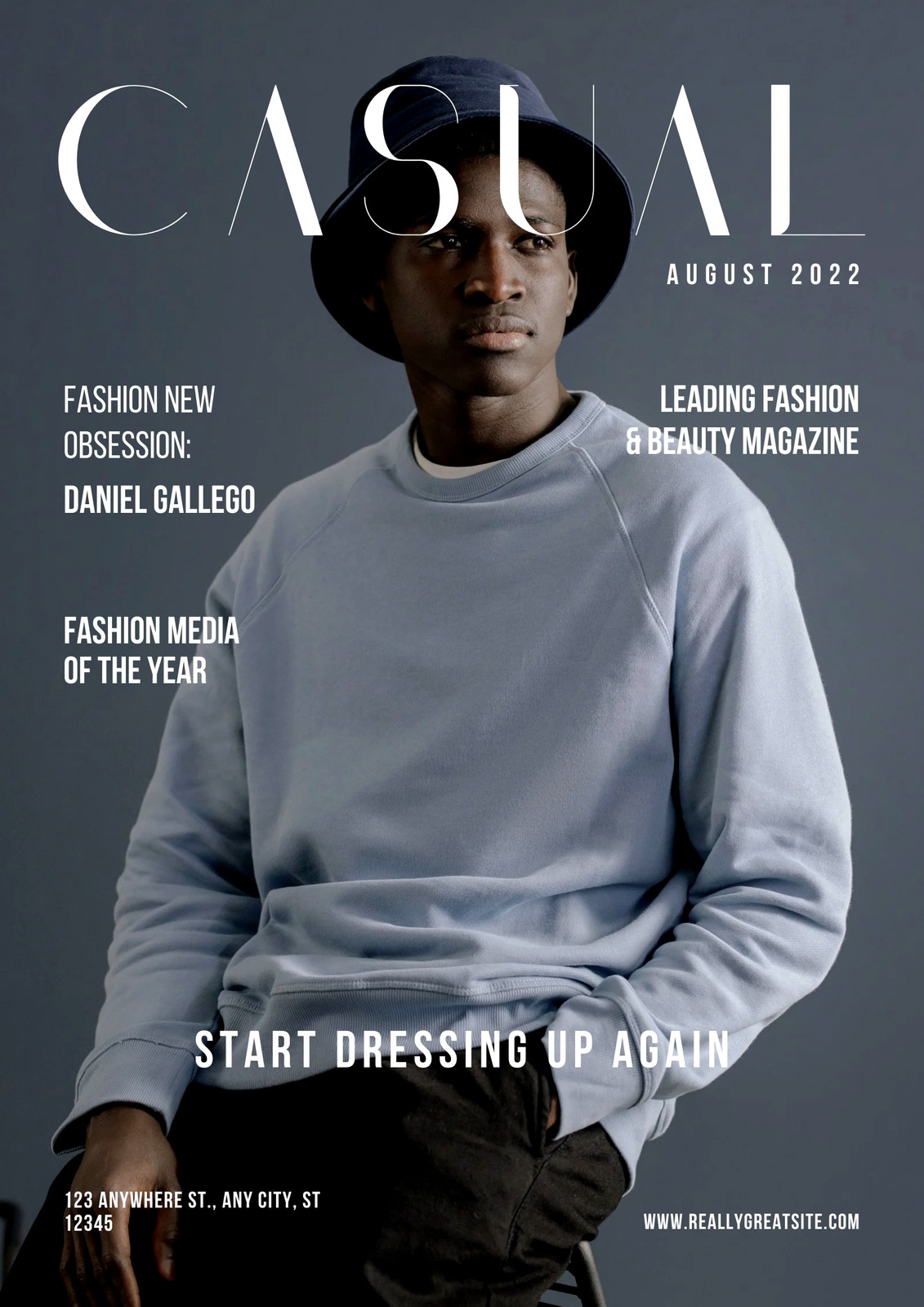 Blue and White Minimal Casual Fashion Megazine Cover