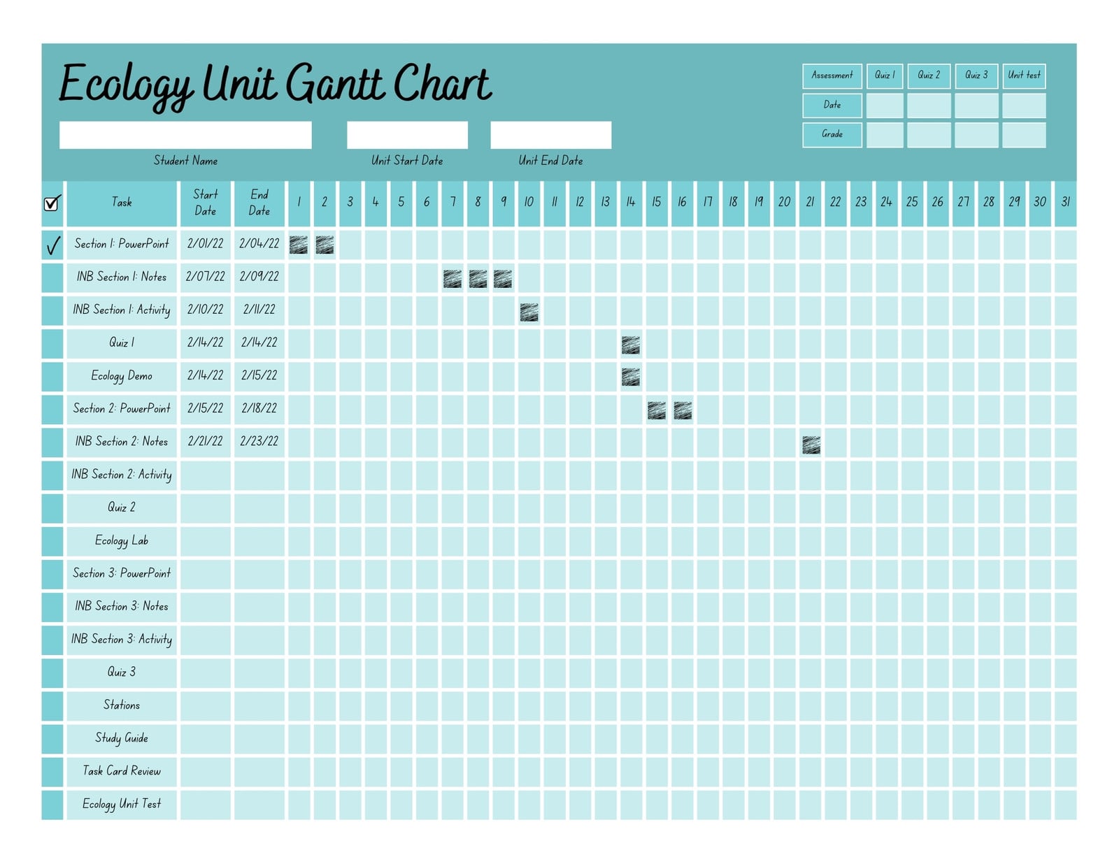Student Unit Gantt Chart