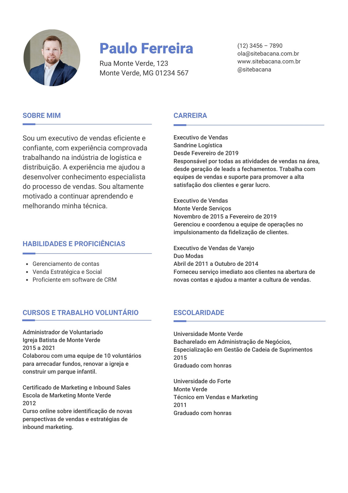 Currículo de Executivo de Vendas Limpo Linhas Branco e Azul