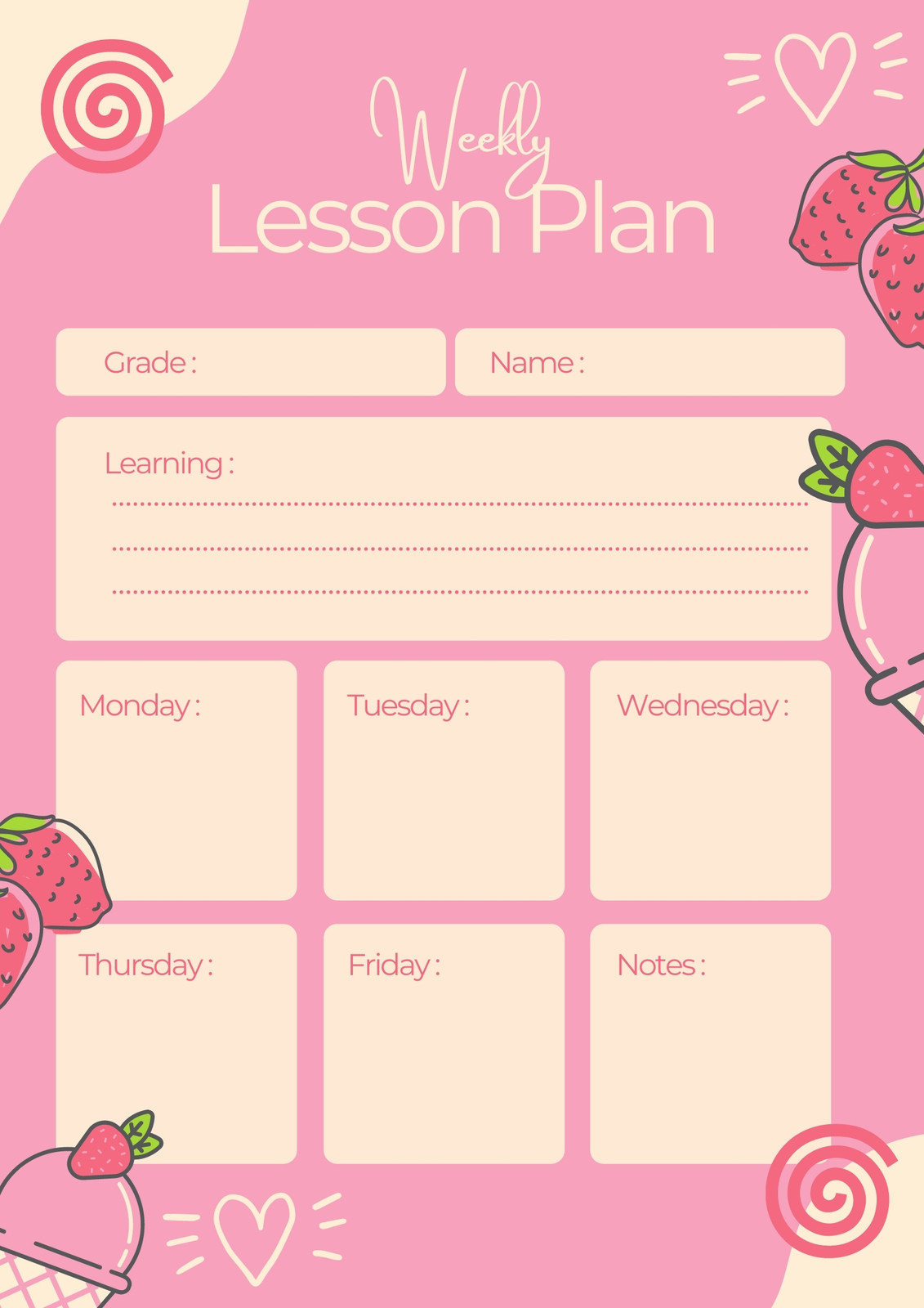 Pink & Cream Aesthetic Strawberry Weekly Lesson Plan Pink & Cream Aesthetic Strawberry Weekly Lesson Plan