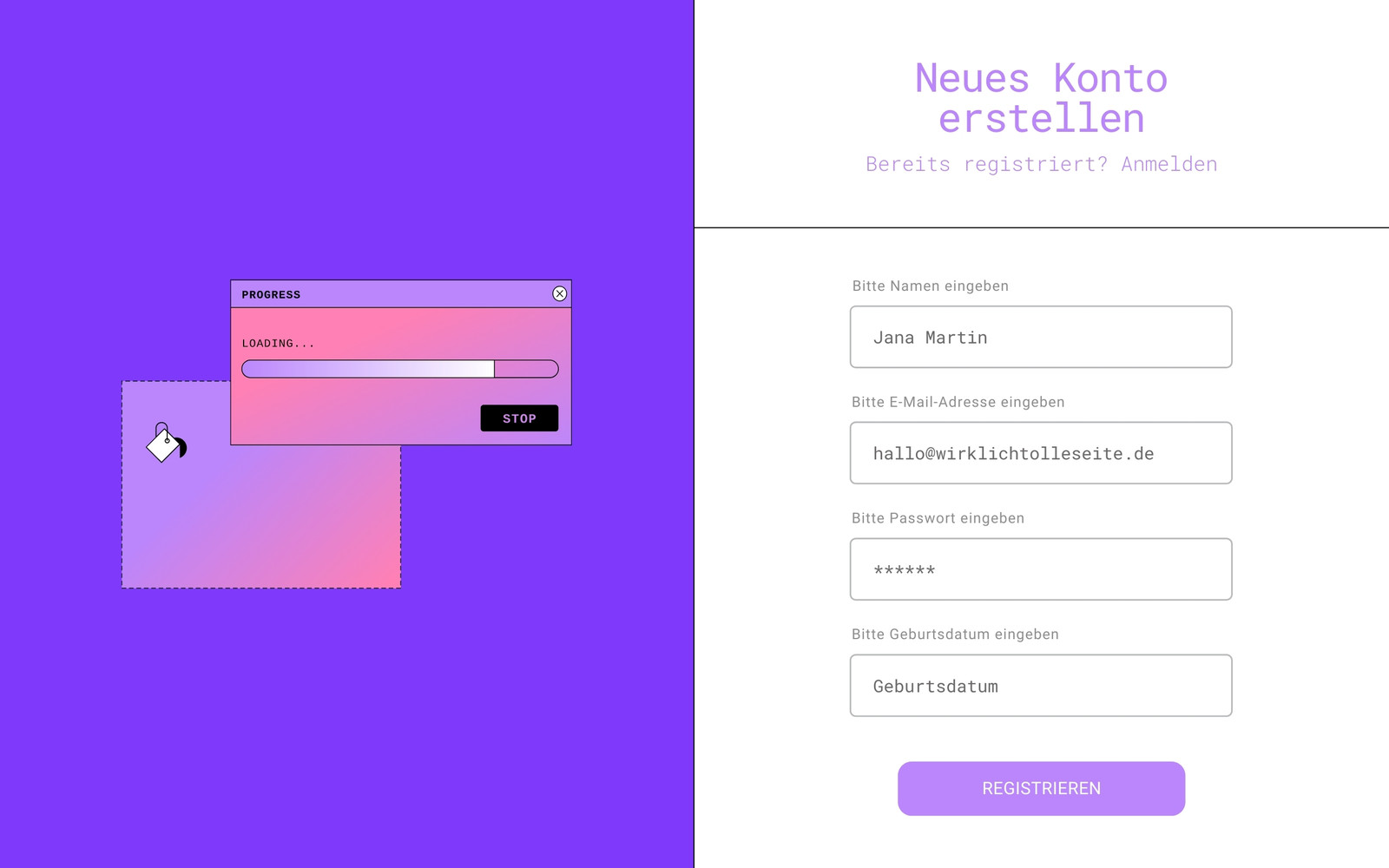 Lila und Rosa Flach Farbe UI Anmeldeseite Einfach Desktop-UI Prototyp