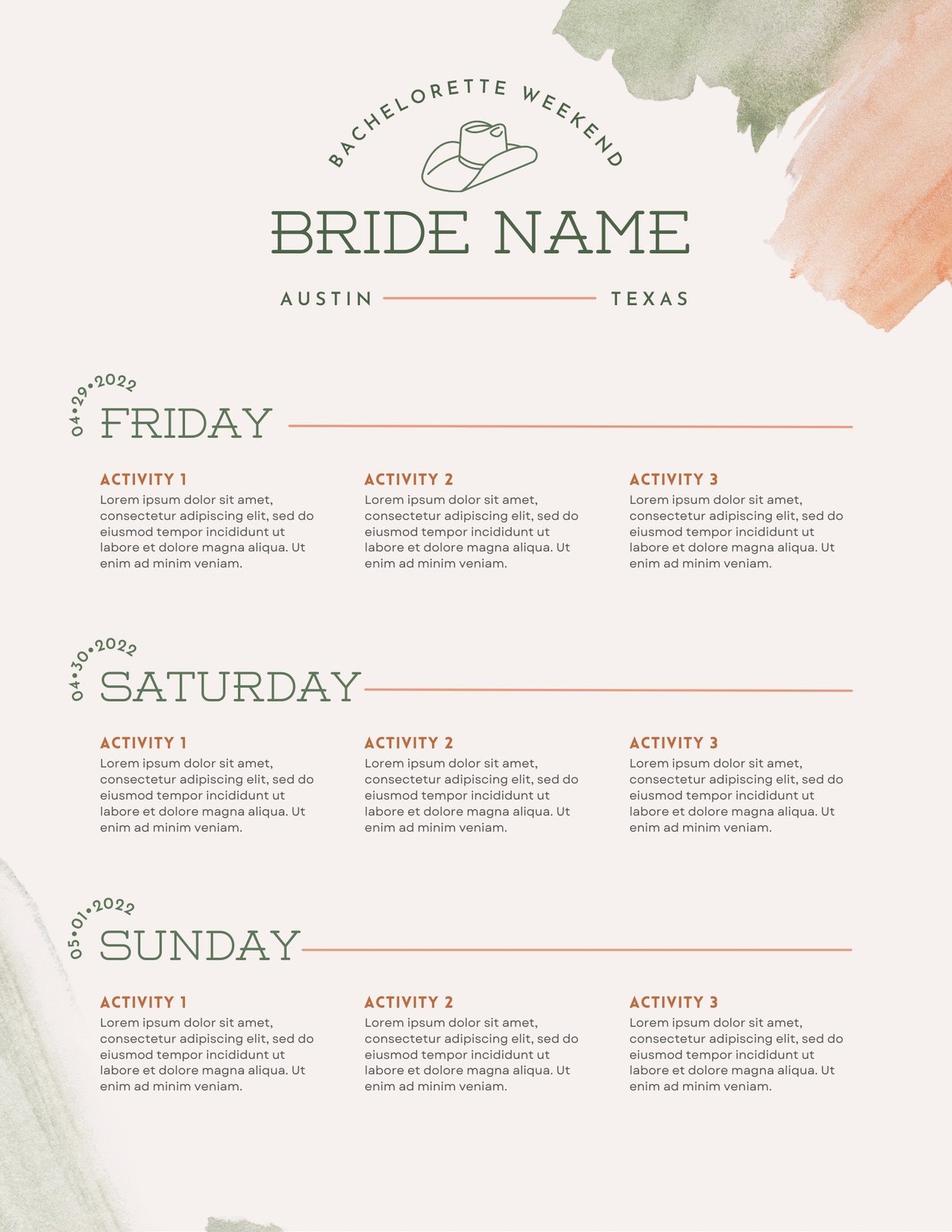 Cream Beige Bachelorette Itinerary